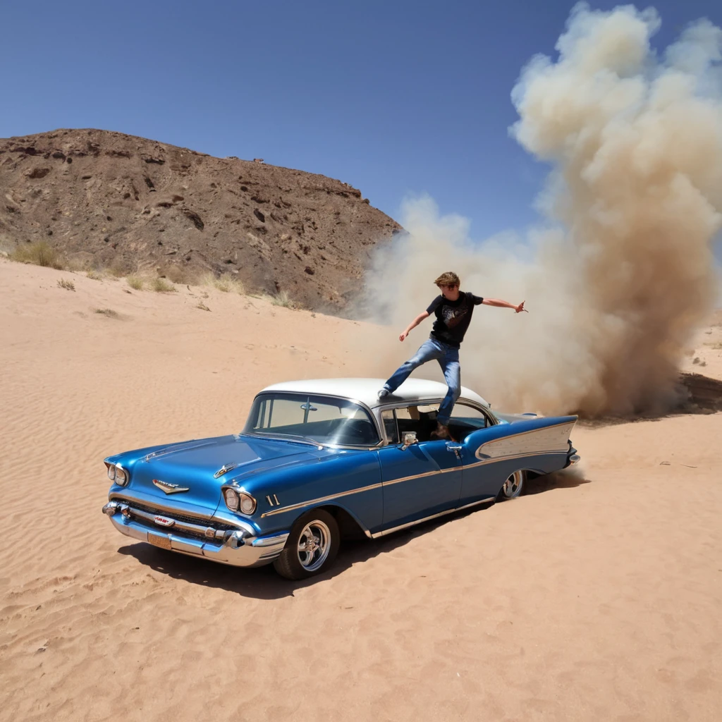 Retrato de um carro "1959 Chevrolet Bel Air" rusty metallic blue, robusto, Estilo Madmax, is jumping over a dune in the desert, it's on fire, DIAGONAL CAMERA, em um deserto com canyons , blue skies, realista, o mais realista possivel.