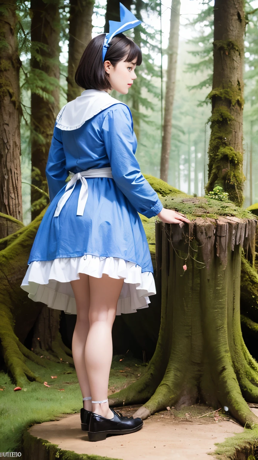 (alice in wonderland), 1-9-3, (He wears a large triangular ribbon on his head..), short hair, young woman, gentle smile, colorful clothes, (in the deep forest, There is a large stump, fractal pattern:1.46)
