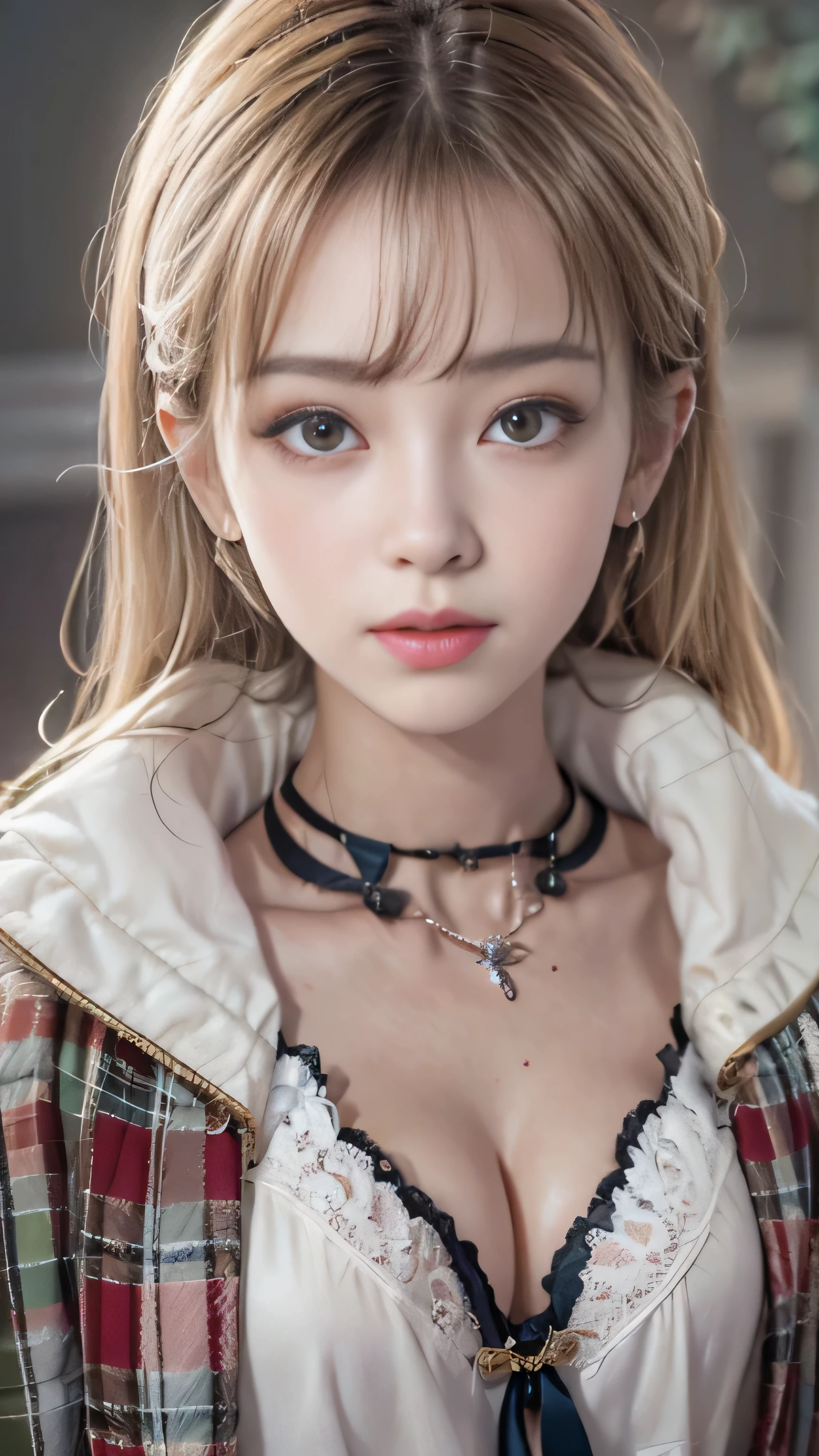 realistic, High resolution, soft light,1 female, alone, jewelry, Current school classroom，the biggest eyes，chest is low, long hair、((color々hair with color)）(Super realistic)、(enlightenment)、(High resolution)、(8K)、(非常にbecome familiar with)、(best illustrations)、(fine and beautiful eyes)、(highest quality),（detailed face）、alone、1 girl in、looking at the viewer、become familiar with、detailed face、in the dark night、deep shadow、private key、Pure erotic face ace_、length、black shawl straight hair、46 point diagonal bangs,Female student、(white blazer、chest emblem)、translucent white blouse、red bow tie、( In bright colors,plaid)、,8K, highest quality, 超High resolution, table top, realistic, realistic, high contrast, photon mapping, real image, smile