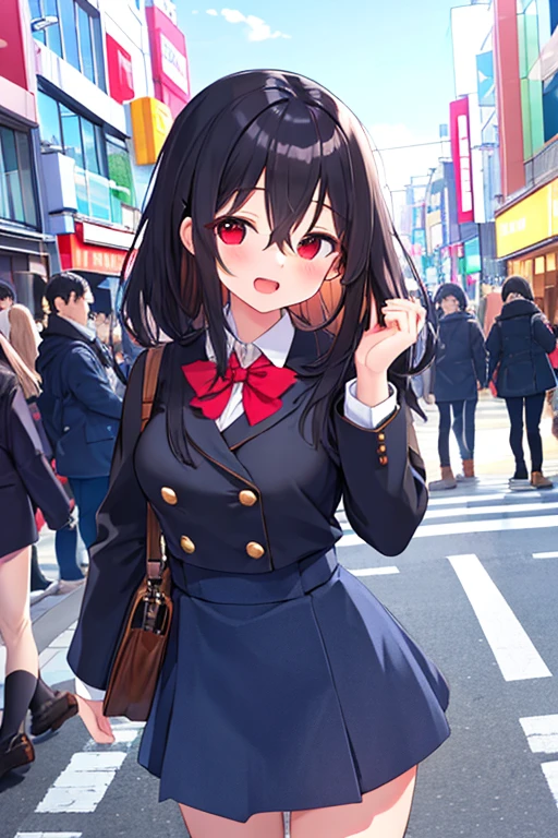 insanely detailed, absurdres, ultra-highres, ultra-detailed, best quality,
1girl, solo, nice hands, perfect hands,
(wearing winter school uniform),
happy smile, laugh, open mouth,
cute pose, cowboy shot,
BREAK,
slender, kawaii, perfect symmetrical face, ultra cute girl, ultra cute face, ultra detailed eyes, ultra detailed hair, ultra cute
in harajuku, shibuya, tokyo, street, crowd, cityscape,
medium breasts, ,
BREAK,
(black hair, red eyes), hair between eyes