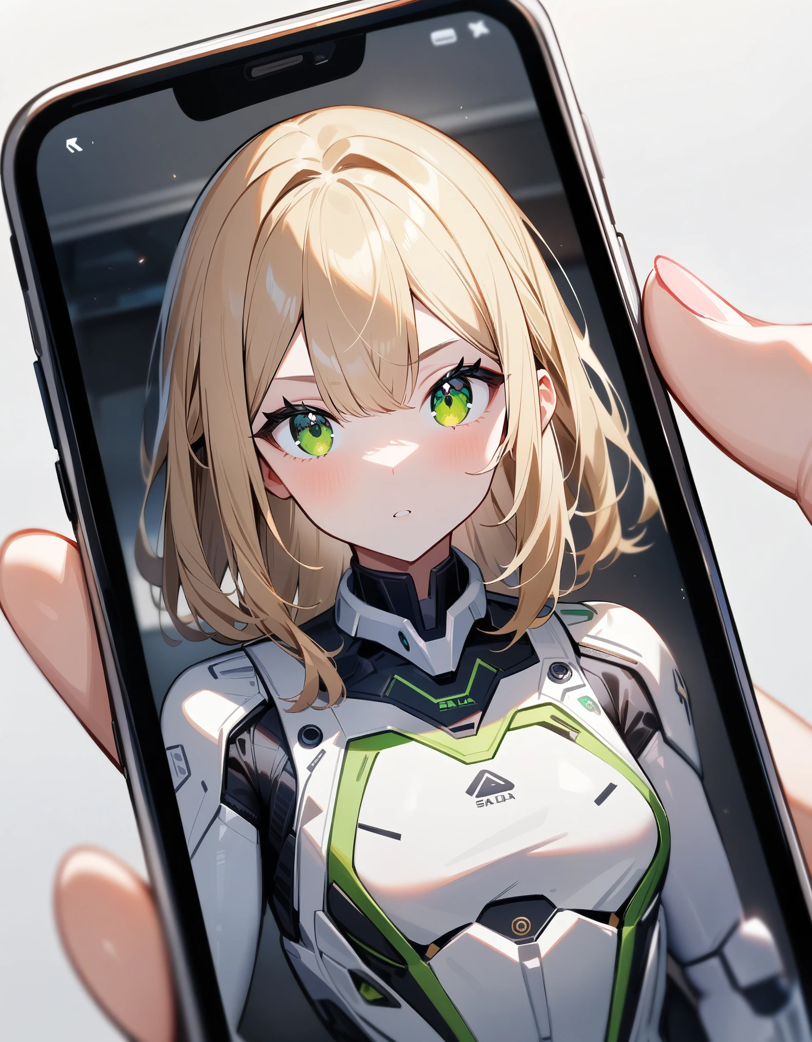 1girl displaying smartphone,solo,Sala,original,blonde hair,green eyes, white body suit,Sala's front view displaying smart phone,Science fiction,ultra-detailed,sharp focus,aesthetic,(best quality)