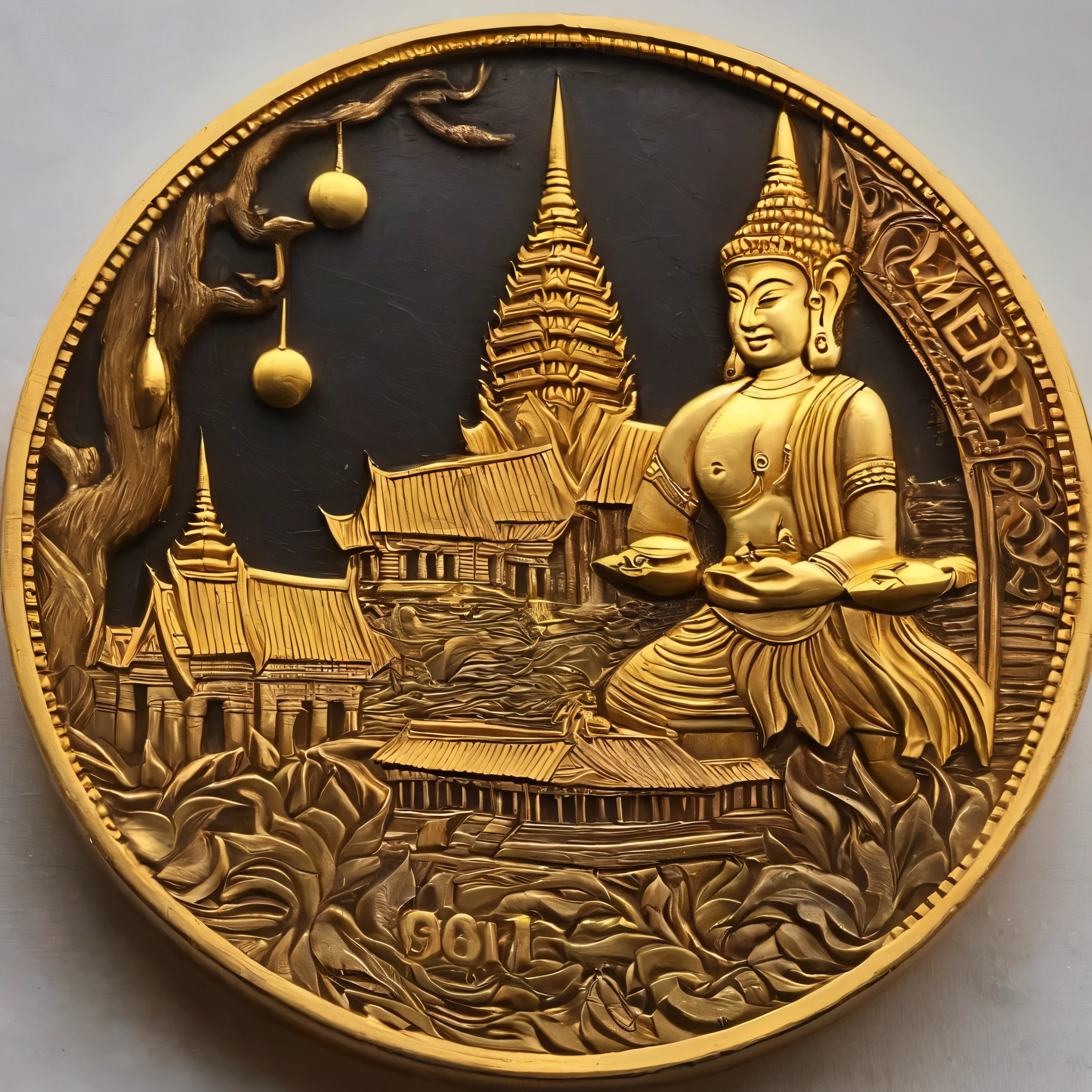 cnl lighting ,A gold coin is carved with a realistic Cambodia remain,masterpiece