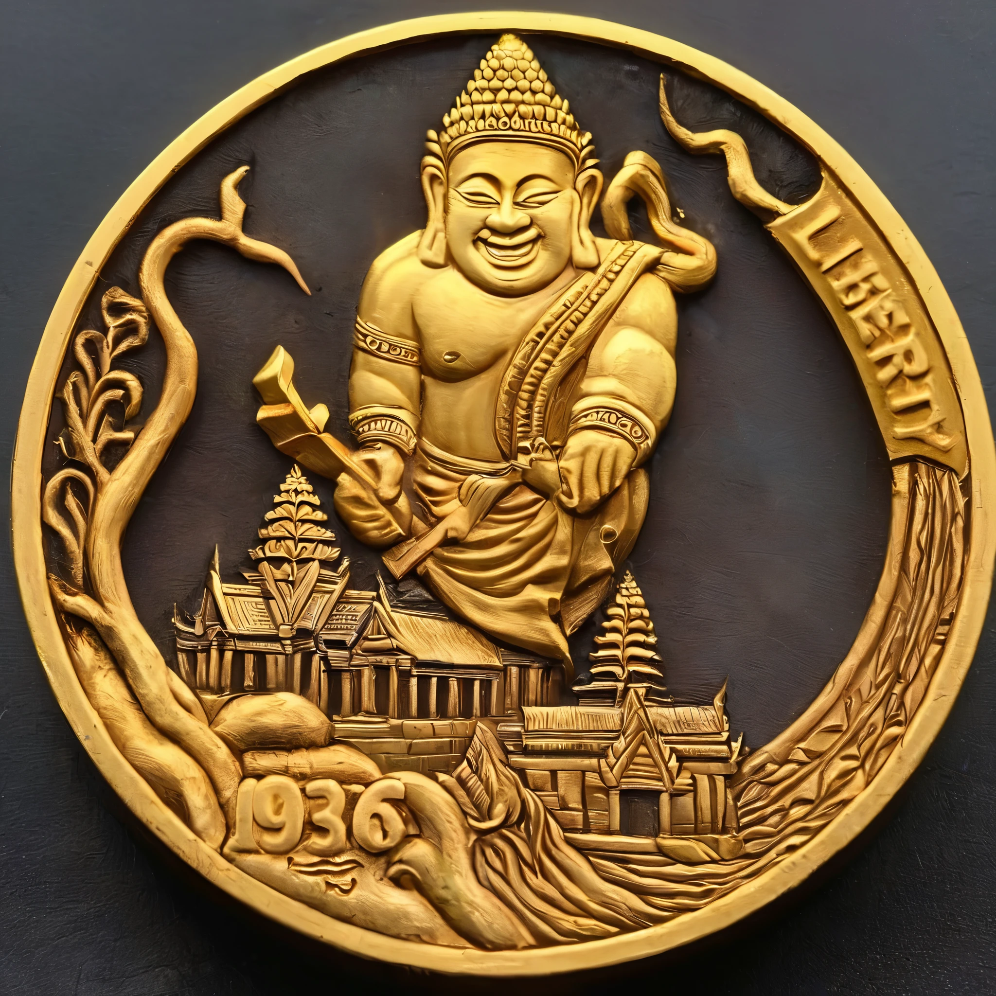 cnl lighting ,A gold coin is carved with a realistic Cambodia remain,masterpiece