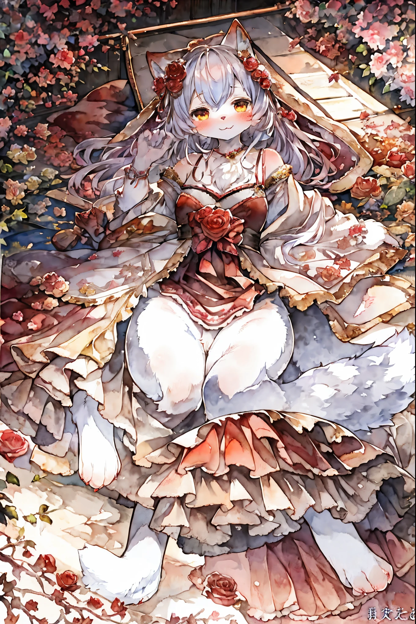 cover page, marriage information magazine, Watercolor elements, 1girl, kemono, furry, detailed body fur, animal face, animal hand, cute girl holding a red rose and looking at viewer,