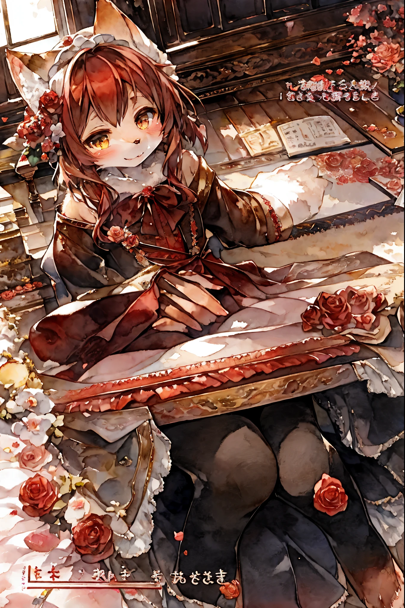 cover page, marriage information magazine, Watercolor elements, 1girl, kemono, furry, detailed body fur, animal face, animal hand, cute girl holding a red rose and looking at viewer,