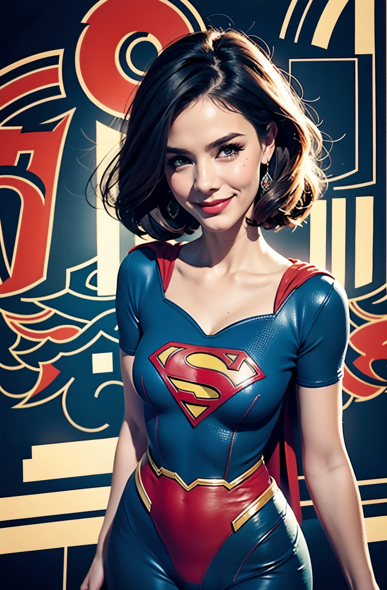Super Woman, retro girl, smiling, Supergirl, graphical design, (heavy ink, ink blacks),