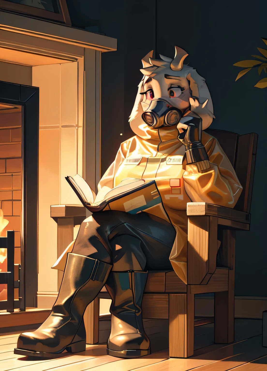 [toriel], [Undertale], [Uploaded to e621.net; (Pixelsketcher), (wamudraws), (woolrool)], ((masterpiece)), ((HD)), ((high quality)), ((solo portrait)), ((front view)), ((furry; anthro)), ((detailed fur)), ((detailed shading)), ((beautiful render art)), ((intricate details)), {anthro goat; white fur, white nose, cute maroon eyes, (short eyelashes), (short goat antlers), short fluffy tail, (large boobs), (gorgeous hips), (expressionless)}, {(yellow hazmat suit), (black gloves), (black boots), (black rune on chest), (gas mask on face)}, {(sitting in rocking chair), (legs crossed), (reading book), (looking down)}, [background; (living room), (yellow walls), (orange wood floor), (fireplace), (ambient lighting)]