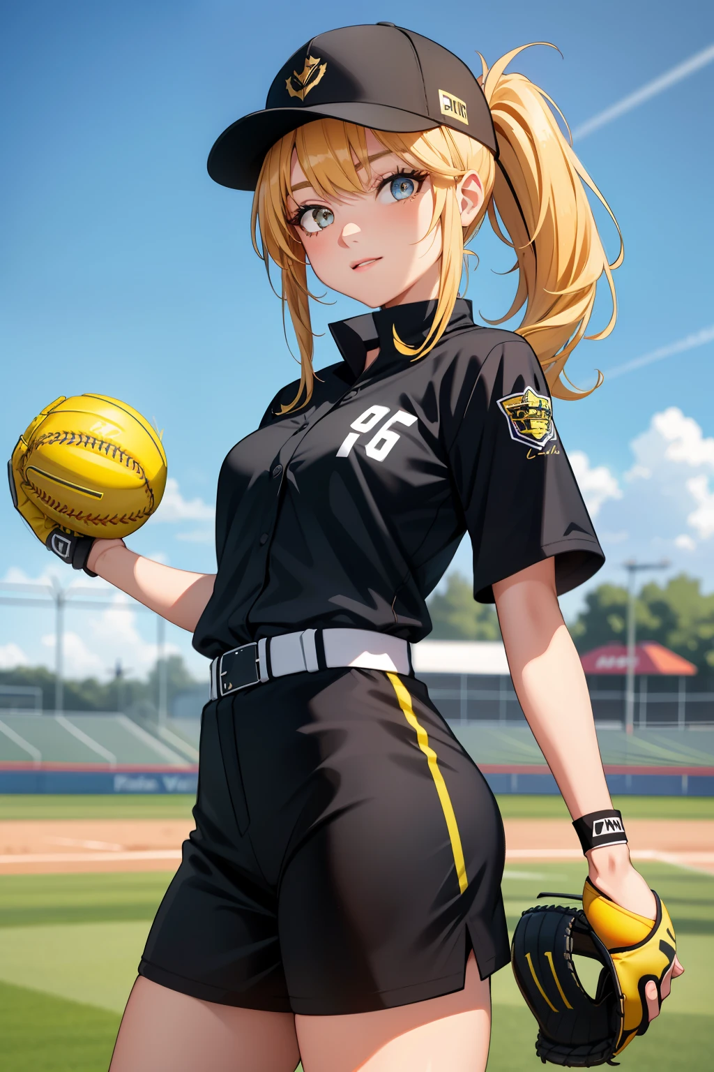 high quality,hd,16k,sharp lines,1 girl,Women's Softball Players ,pitcher,windmill,Yellow ball,cute face, small breasts, beautiful feet,At the softball venue,focus girl,detailed beautiful face,fine clothes,beautiful eyes,nice,black hat,black uniform