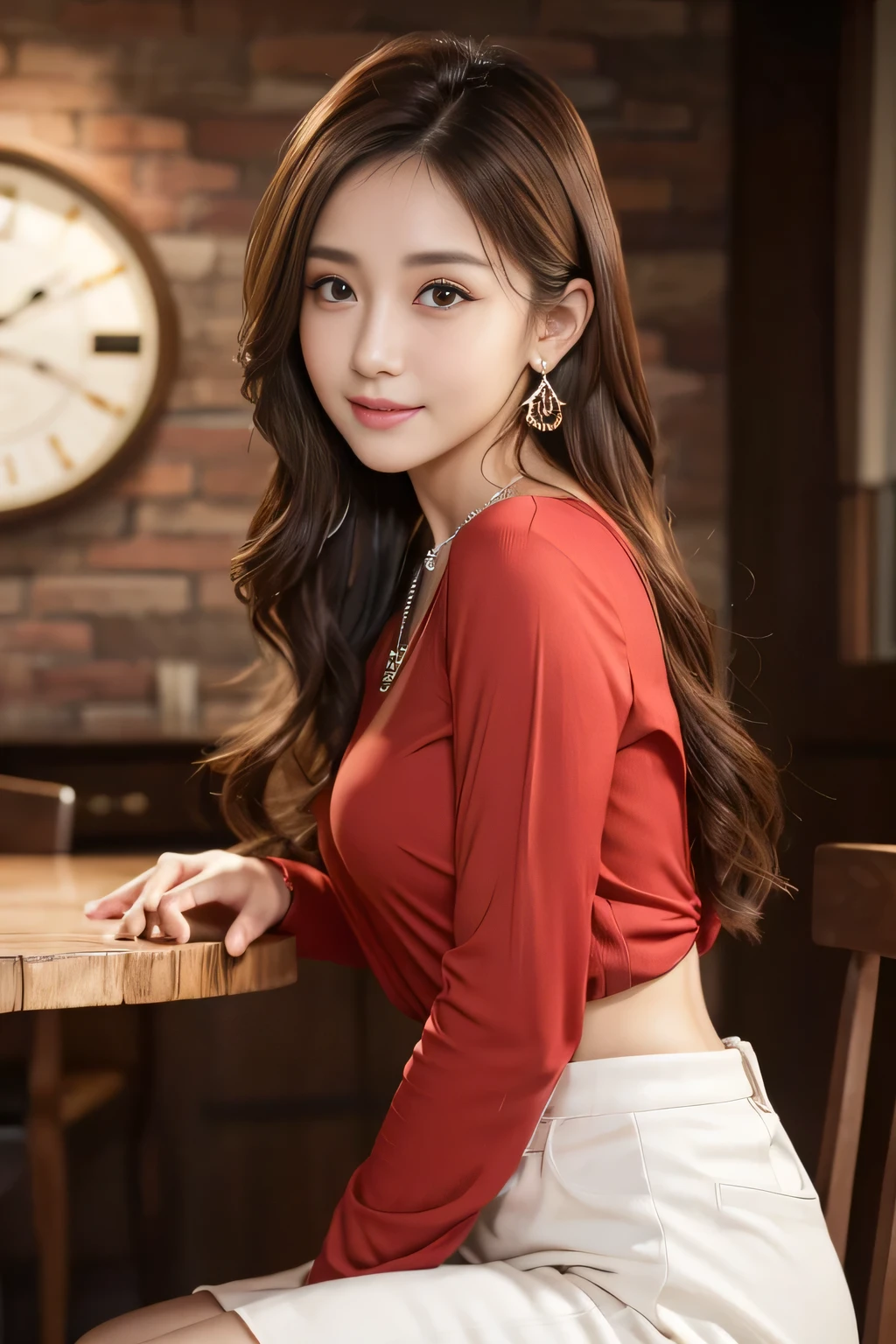 ((Extreme) detailed 8k wallpaper, table top, highest quality: 1.2), high detail, best image quality, Beautiful girl in an unbuttoned red shirt、sit cross-legged on a wooden chair, long curly hair, blonde, , full body, perfect body beauty, slim waist, big ass, big ass, Thin and beautiful thighs, beautiful thin legs. unparalleled beauty, exquisite and perfect facial features, face turns red, Highly detailed facial and skin structure, harmonious facial details, light makeup, smile, Smile, Fair skin, Big eyes, sparkling eyes, soulful eyes, cute eyes, double eyelid, brick eyeball, round pupil, jewelry, hair ornaments, earrings, clock