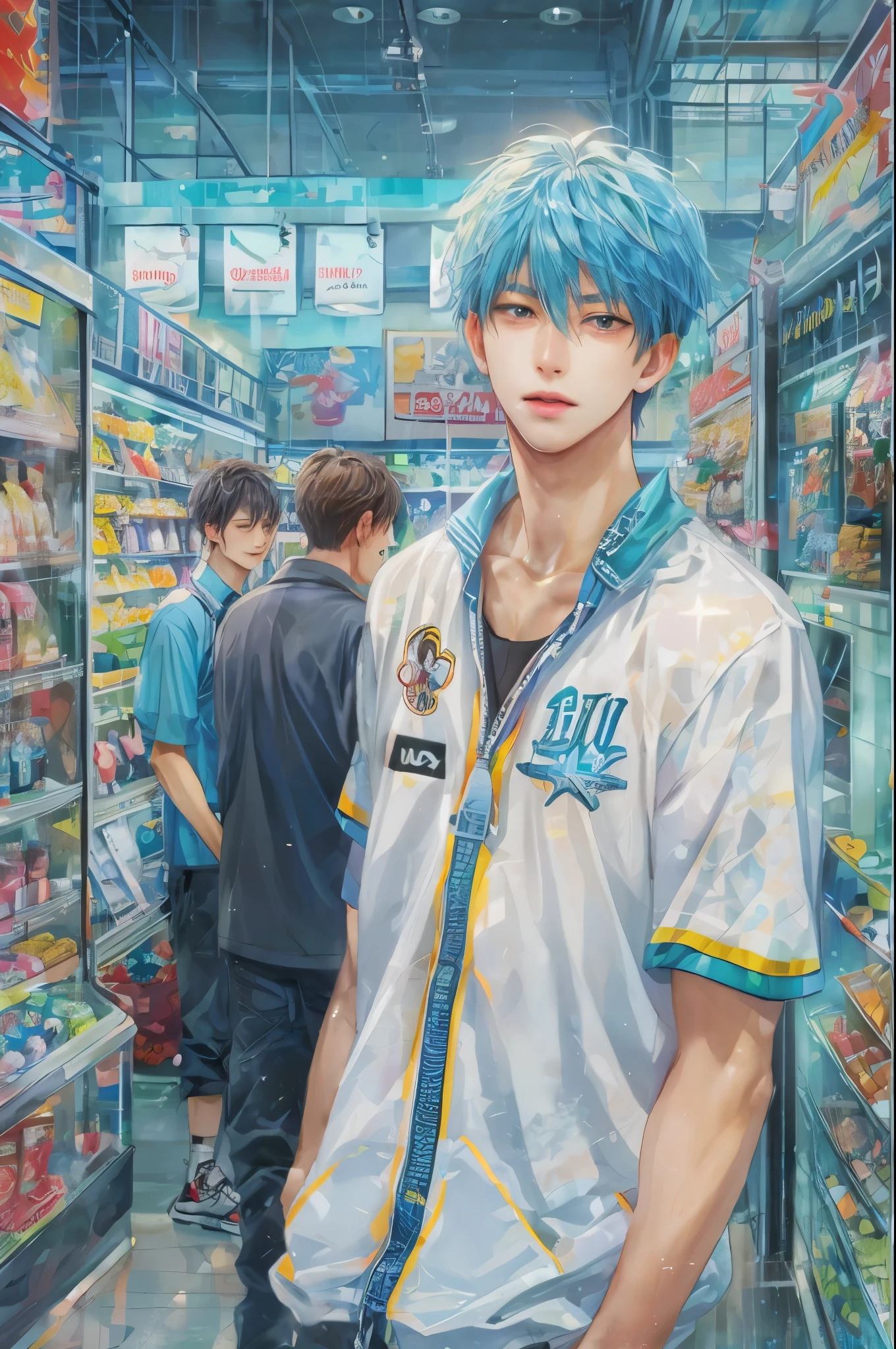(masterpiece, top quality, best quality, official art, beautiful and aesthetic:1.2), boy, handsome, extreme detailed faces, character from anime kuroko's basketball, colorful, highest quality detailed, (perfect face), shiny skin, HDR, detailed surroundings, inside a shopping mall