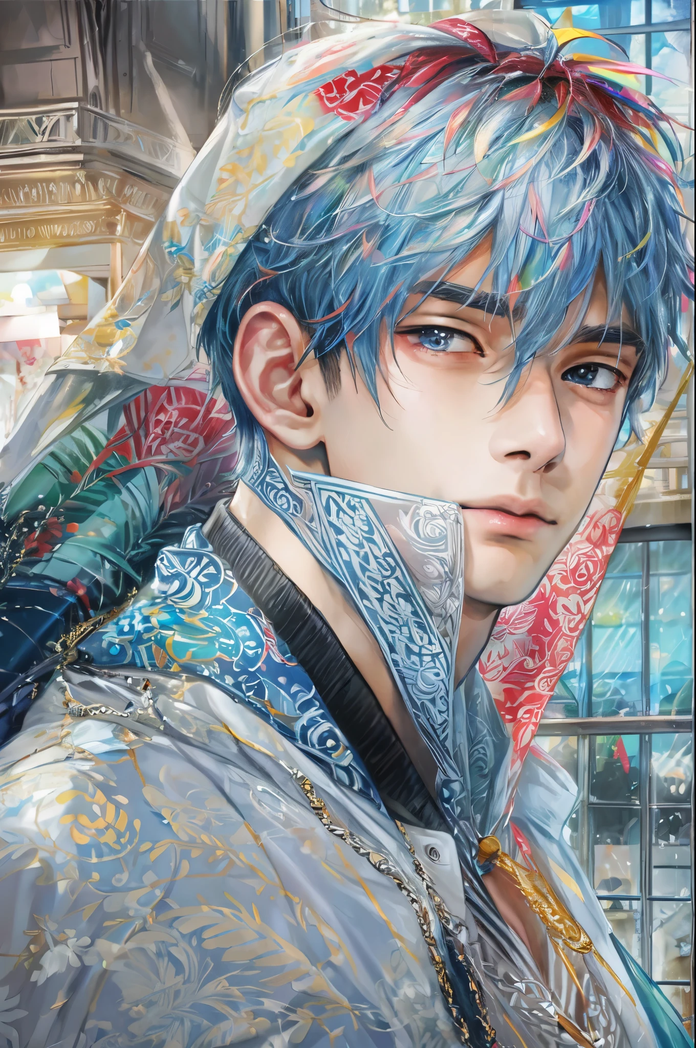 (masterpiece, top quality, best quality, official art, beautiful and aesthetic:1.2), boy, handsome, extreme detailed faces, character from anime kuroko's basketball, colorful, highest quality detailed, (perfect face), shiny skin, HDR, detailed surroundings, inside a shopping mall