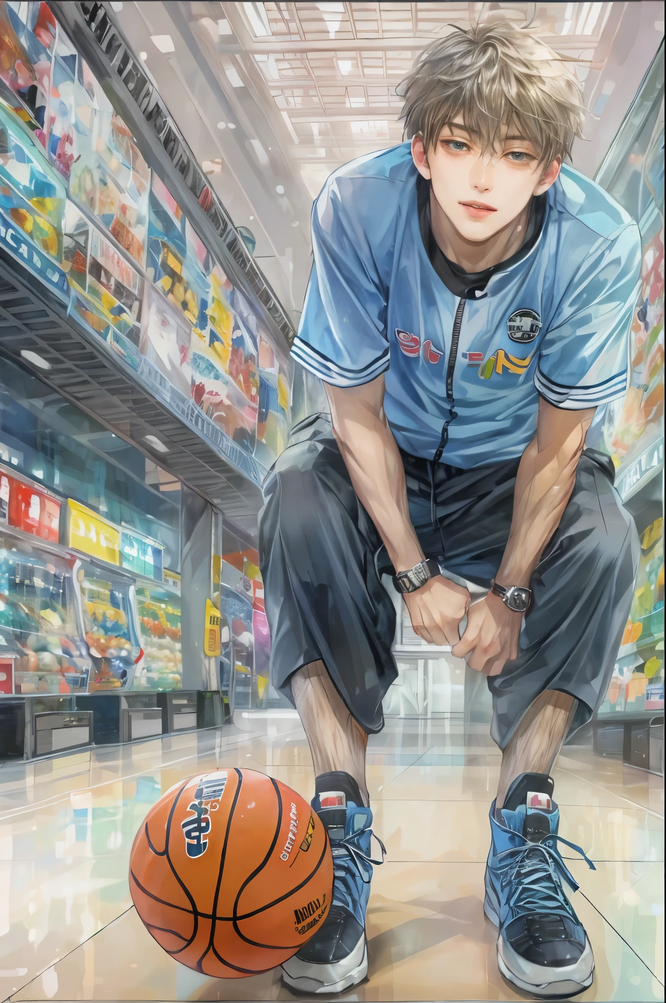(masterpiece, top quality, best quality, official art, beautiful and aesthetic:1.2), boy, handsome, extreme detailed faces, character from anime kuroko's basketball, colorful, highest quality detailed, (perfect face), shiny skin, HDR, detailed surroundings, inside a shopping mall
