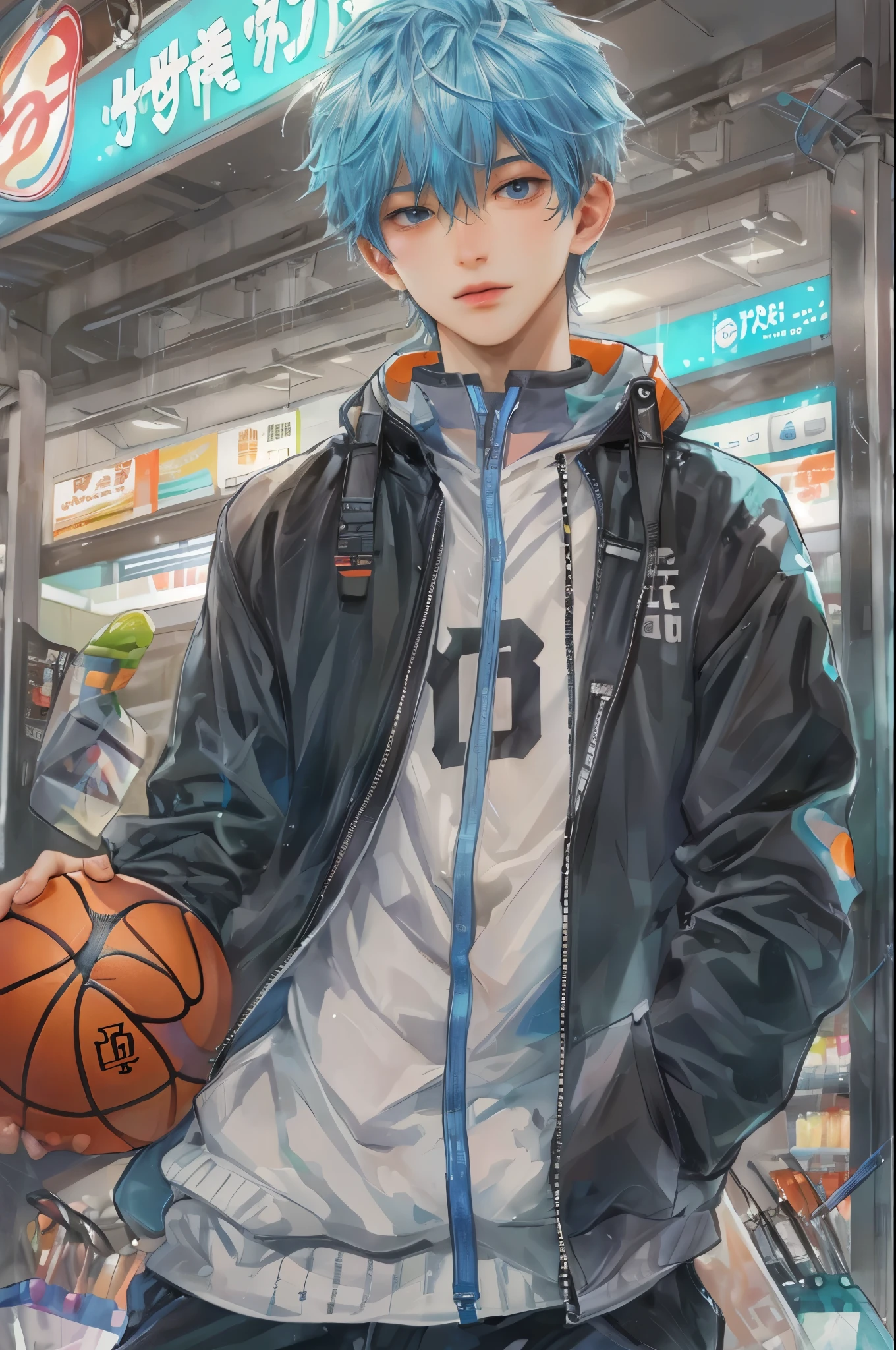 (masterpiece, top quality, best quality, official art, beautiful and aesthetic:1.2), boy, handsome, extreme detailed faces, character from anime kuroko's basketball, colorful, highest quality detailed, (perfect face), shiny skin, HDR, detailed surroundings, inside a shopping mall