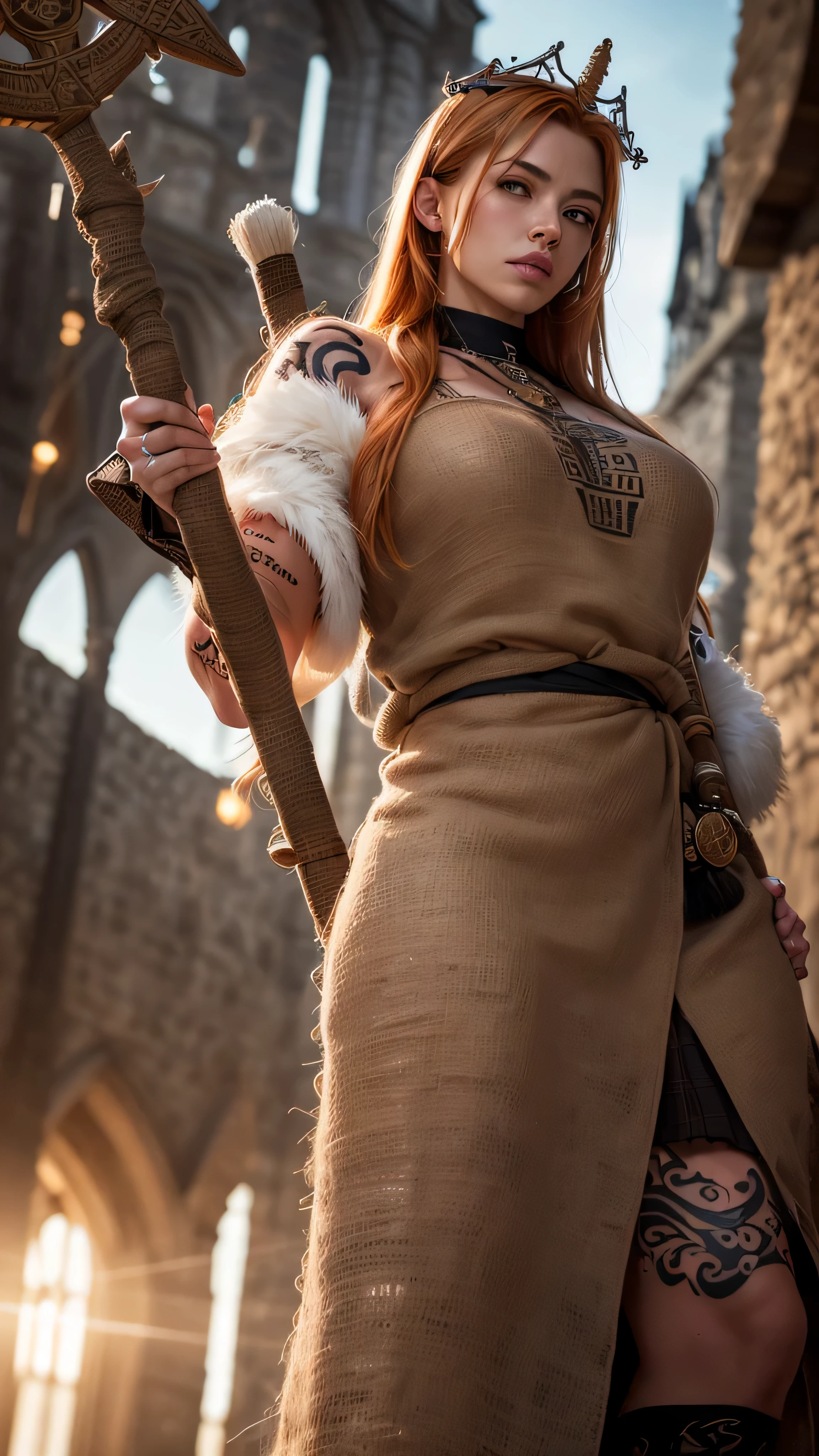 (masterpiece), (extremely intricate:1.3), (realistic), (bodybuilder woman, fur kilt, (tattoo:1.4)), metal reflections, outdoors, intense sunlight, far away castle, professional photograph of a handsome man detailed, (long straight ginger hair ponytail, dynamic pose), sharp focus, dramatic, award winning, cinematic lighting, volumetrics dtx, (film grain, blurry background, blurry foreground, bokeh, depth of field, interaction, ((gigantic, giant, from below, medieval loose burlap shirt, (wielding ankh staff)), iron crown))