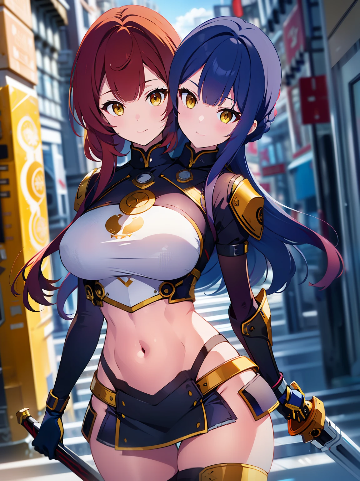 (high resolution), (best quality:1.5, highres, UHD), highres, absurdo, ultra detail, ultra quality, (2heads:1.5), 1girl, (red hair), (blue hair), long hair,unique hairstyles, thighs, (yellow outfit), female warrior, (fully armored), (medieval outfit), sword, gorgeous female warrior, Guild Clothes, RPG fantasy girl, RPG dress, (exposed midriff), yellow eyes, gentle smile