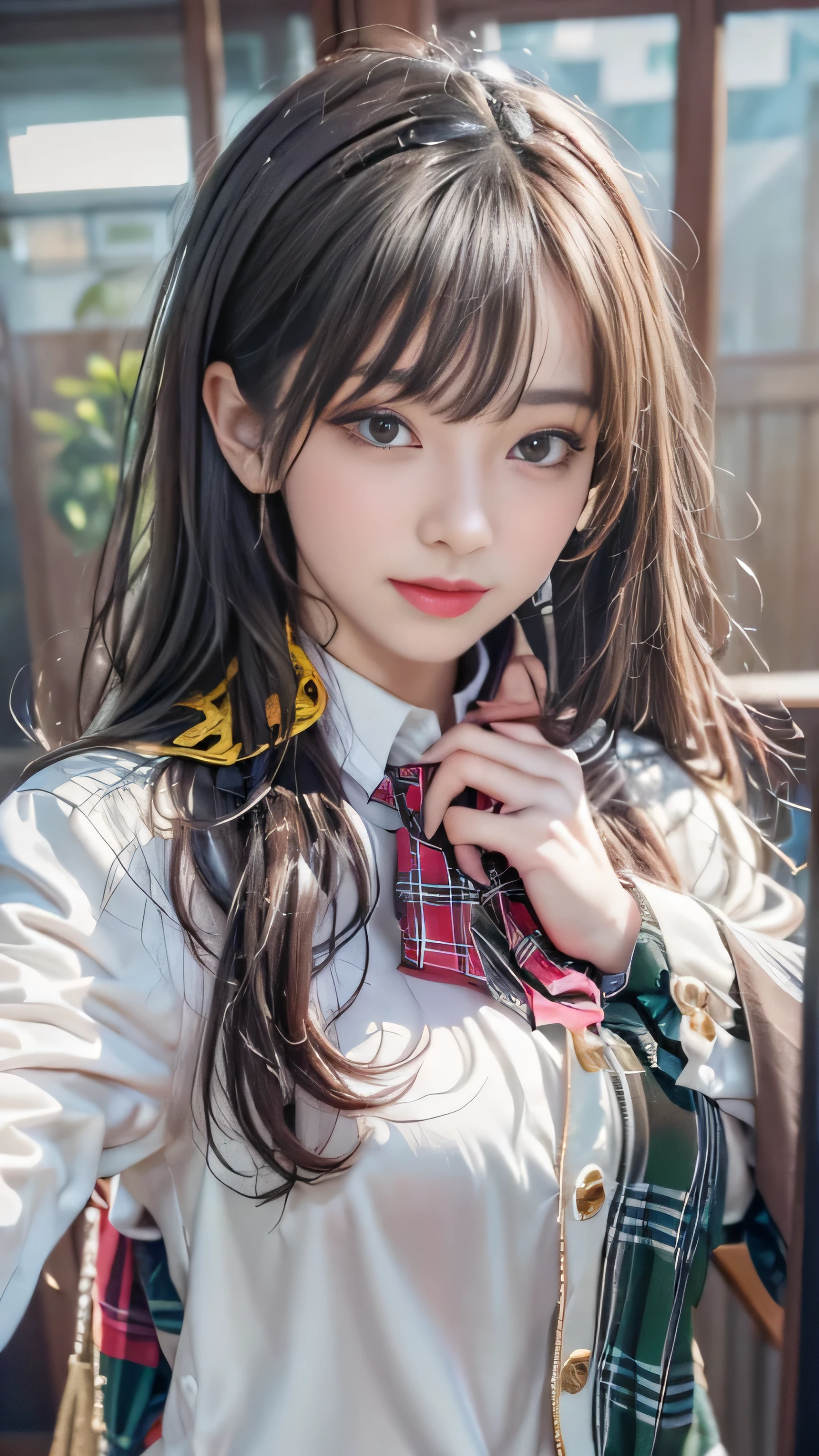 realistic, High resolution, soft light,1 female, alone, jewelry, Current school classroom，the biggest eyes，chest is low, long hair、((color々hair with color)）(Super realistic)、(enlightenment)、(High resolution)、(8K)、(非常にbecome familiar with)、(best illustrations)、(fine and beautiful eyes)、(highest quality),（detailed face）、alone、1 girl in、looking at the viewer、become familiar with、detailed face、in the dark night、deep shadow、private key、Pure erotic face ace_、length、black shawl straight hair、46 point diagonal bangs,Female student、(white blazer、chest emblem)、translucent white blouse、red bow tie、( In bright colors,plaid)、,8K, highest quality, 超High resolution, table top, realistic, realistic, high contrast, photon mapping, real image, smile