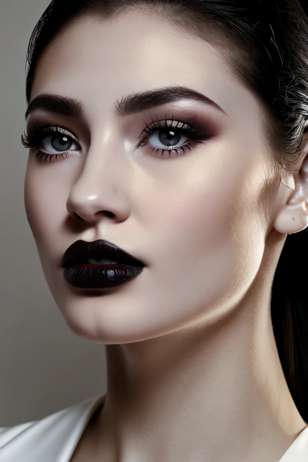 girl with very white skin, with dark lipstick, zoom in on face, black eyes,
