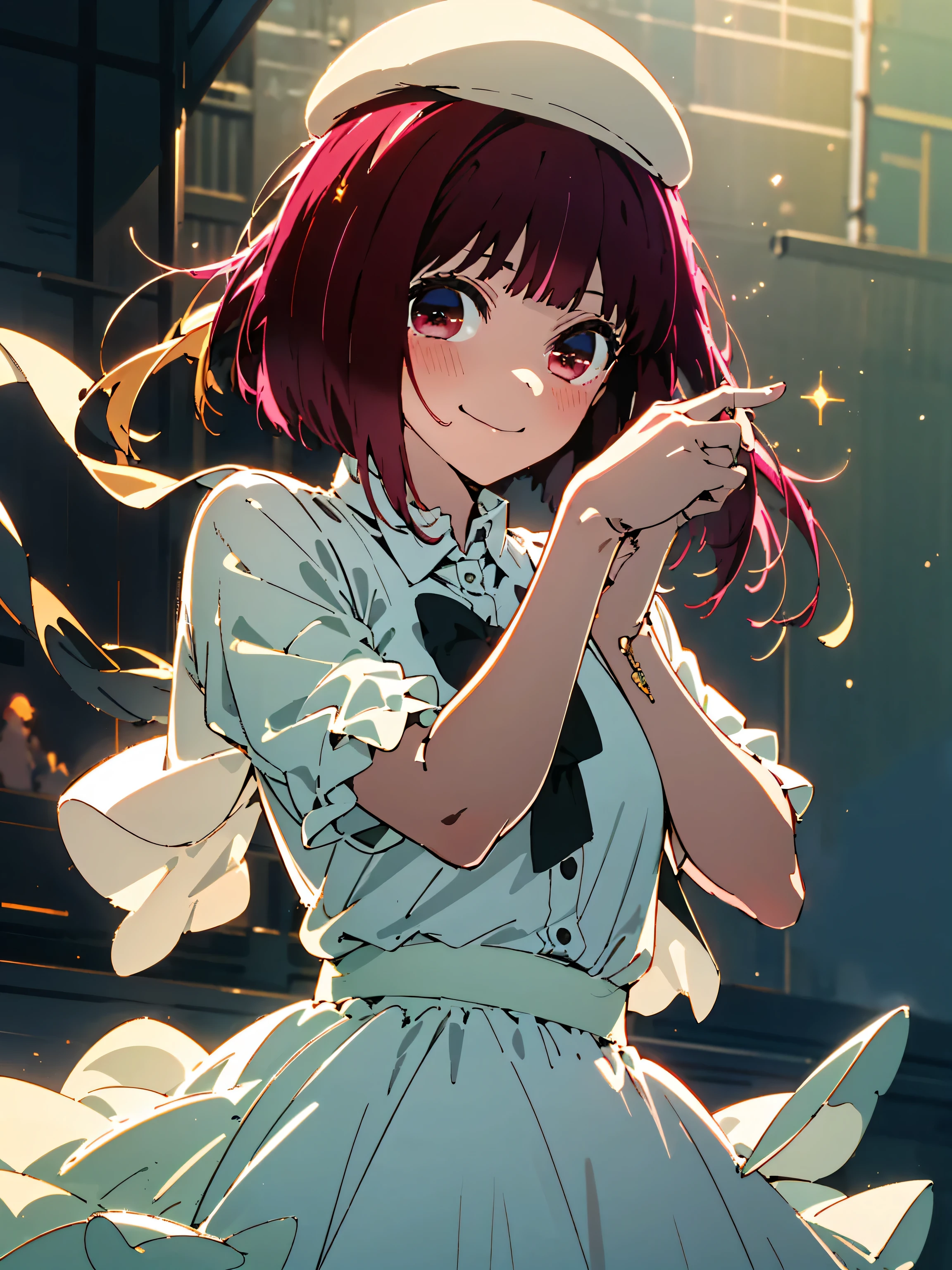 (highest quality、masterpiece、High resolution、detailed)、1 girl, alone, highest quality, masterpiece , Arima maybe, hair ornaments, shining eyes, cute, (embarrassed:1.2), (dress:1.4), (concert 1), on the stage,sing、smile、hat