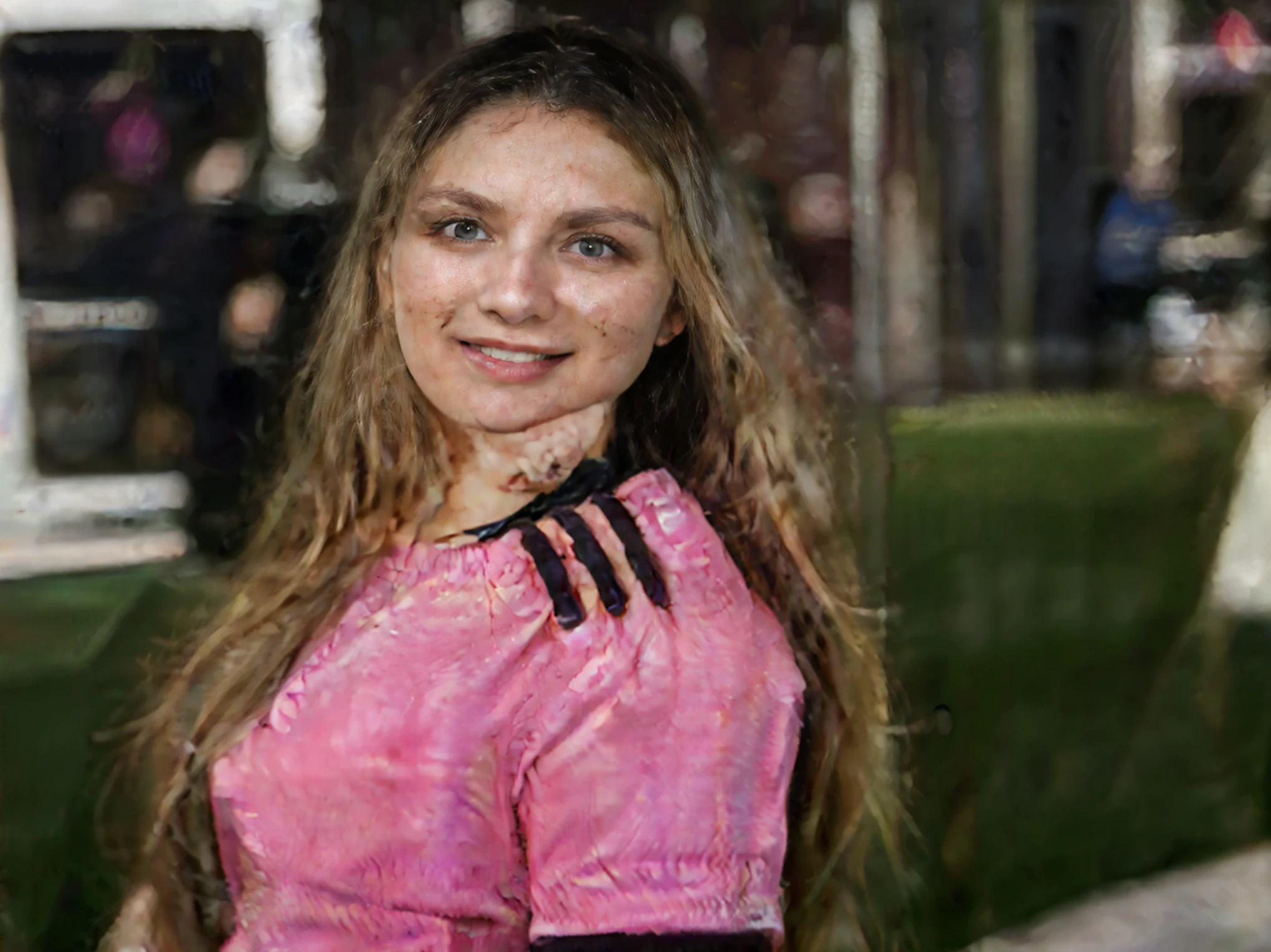 beautiful blonde wearing pink sweater (drinking coffee in a modern cafe at sunset), muito detalhado, 21 anos de idade, rosto inocente, cabelos ondulados naturais, olhos azuis, high resolution, obra de arte, Melhor qualidade, detalhes intrincados, altamente detalhado, sharp focus, pele detalhada, realista skin textura, textura, olhos detalhados, profissional, 4K, Sorriso charmoso, filmado em Canon, 85 mm, profundidade superficial de campo, kodak vision color, corpo em forma perfeita, extremamente detalhado, foto_\(ultra\), photorealista, realista, Post-processing, maximum detail, rugosidade, Vida real, ultra realista, fotorrealismo, fotografia, 8k hd, fotografia