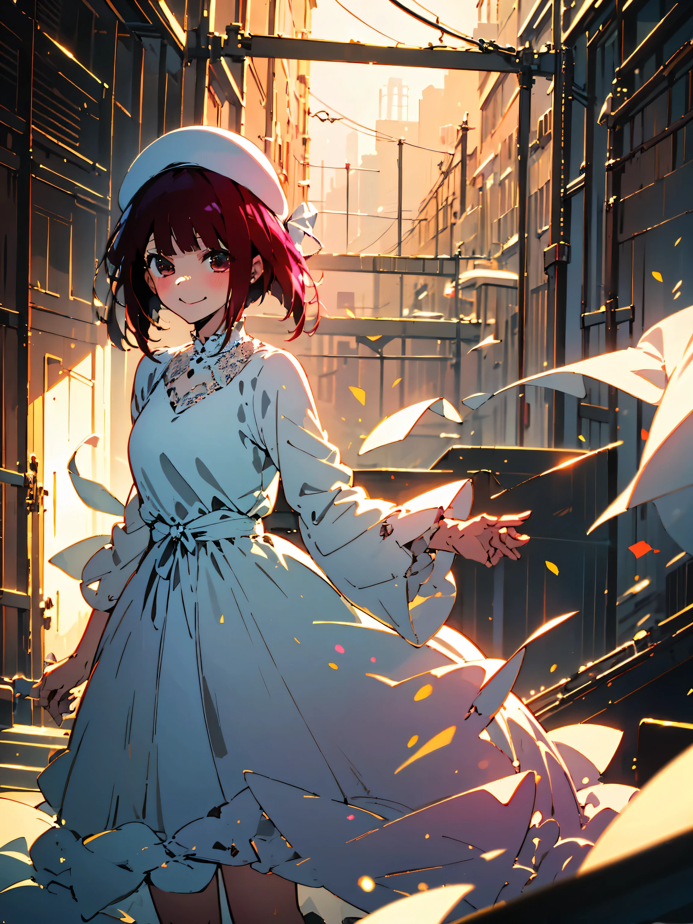 (highest quality、masterpiece、High resolution、detailed)、1 girl, alone, highest quality, masterpiece , Arima maybe, hair ornaments, shining eyes, cute, (embarrassed:1.2), (dress:1.4), (concert 1), on the stage,sing、smile、hat