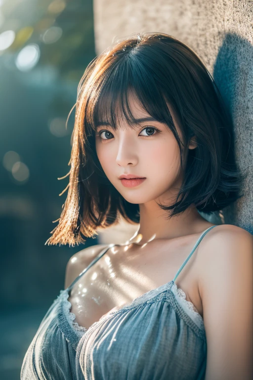 ((highest quality, 8K, masterpiece: 1.3)), woman (full body portrait, front, babydoll wear, wet clothes, big breasts, cleavage), seabird, Catch Pose, short dress, overhead camera, sharp focus: 1.2, cute woman: 1.4, (((hairstyle random)), wet hair, highly detailed face、skin、hair texture, detailed eye, double eyelid, 白いskin, beautiful and delicate nose, かわいい若い日本のwoman, 28 years old, at a dynamic angle, eyeに心地よく、Thought-provoking composition, Emphasize the subject&#39;s hair, eye, words and actions, While creating a melancholy feeling characterized by calm tones and contrast between light and shadow.,