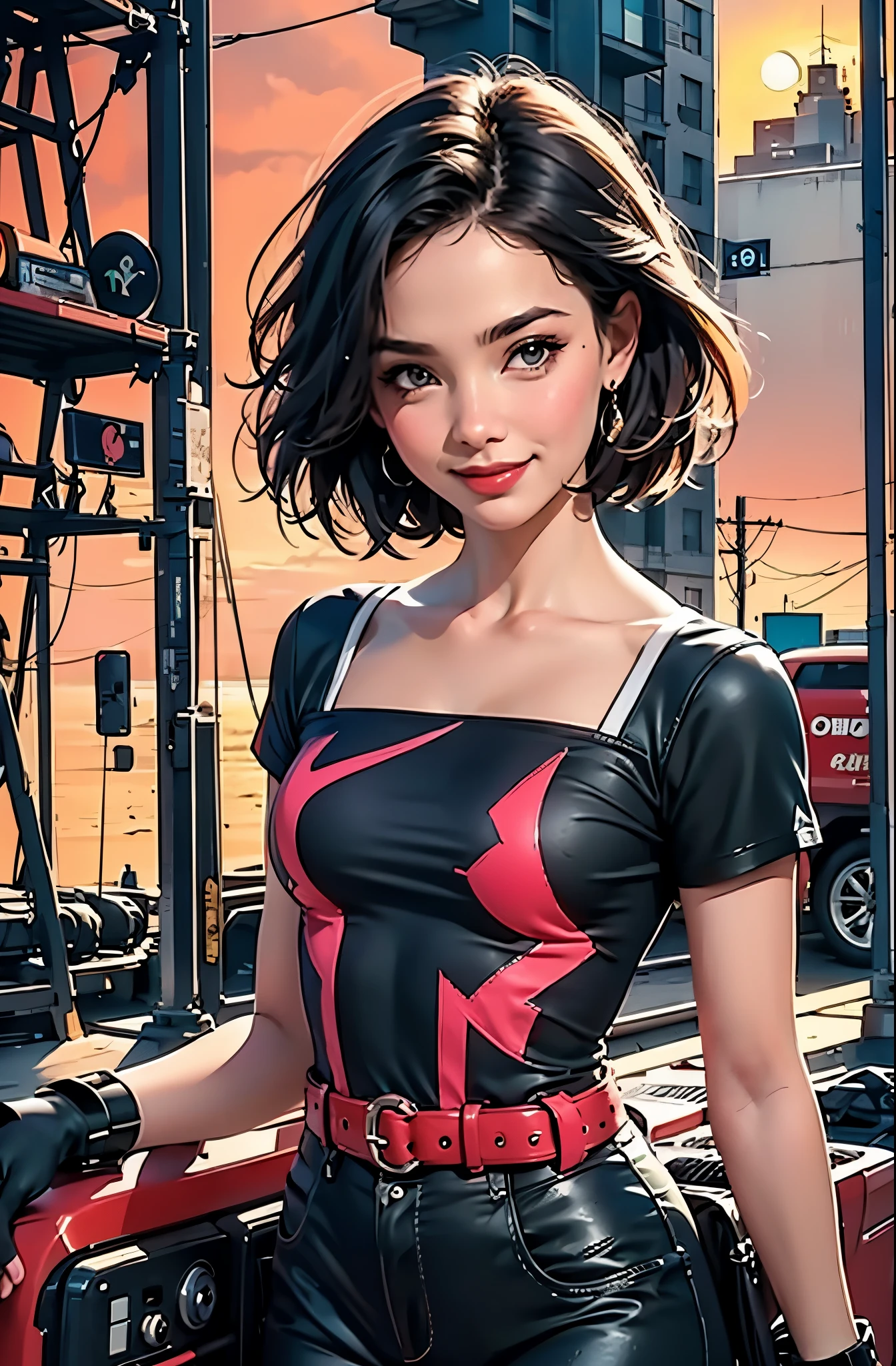 retro girl, smiling, San Francisco, sunset, 90's, (flat colors, flat texture, lineart:1.2), graphical design, (heavy ink, ink blacks),