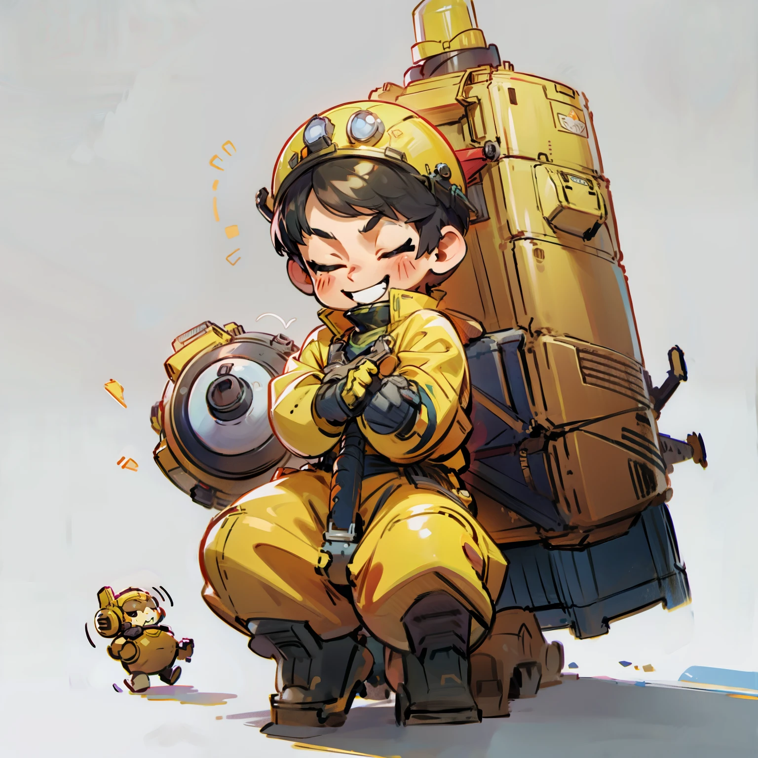 masutepiece, Best Quality, Full body shot, No background, White background, Man's, Chibi, Lil Bulldozer, Gray and yellow, Baby, machine-boy, Boy, Smile, helmets, Work clothes, globe, long boots,