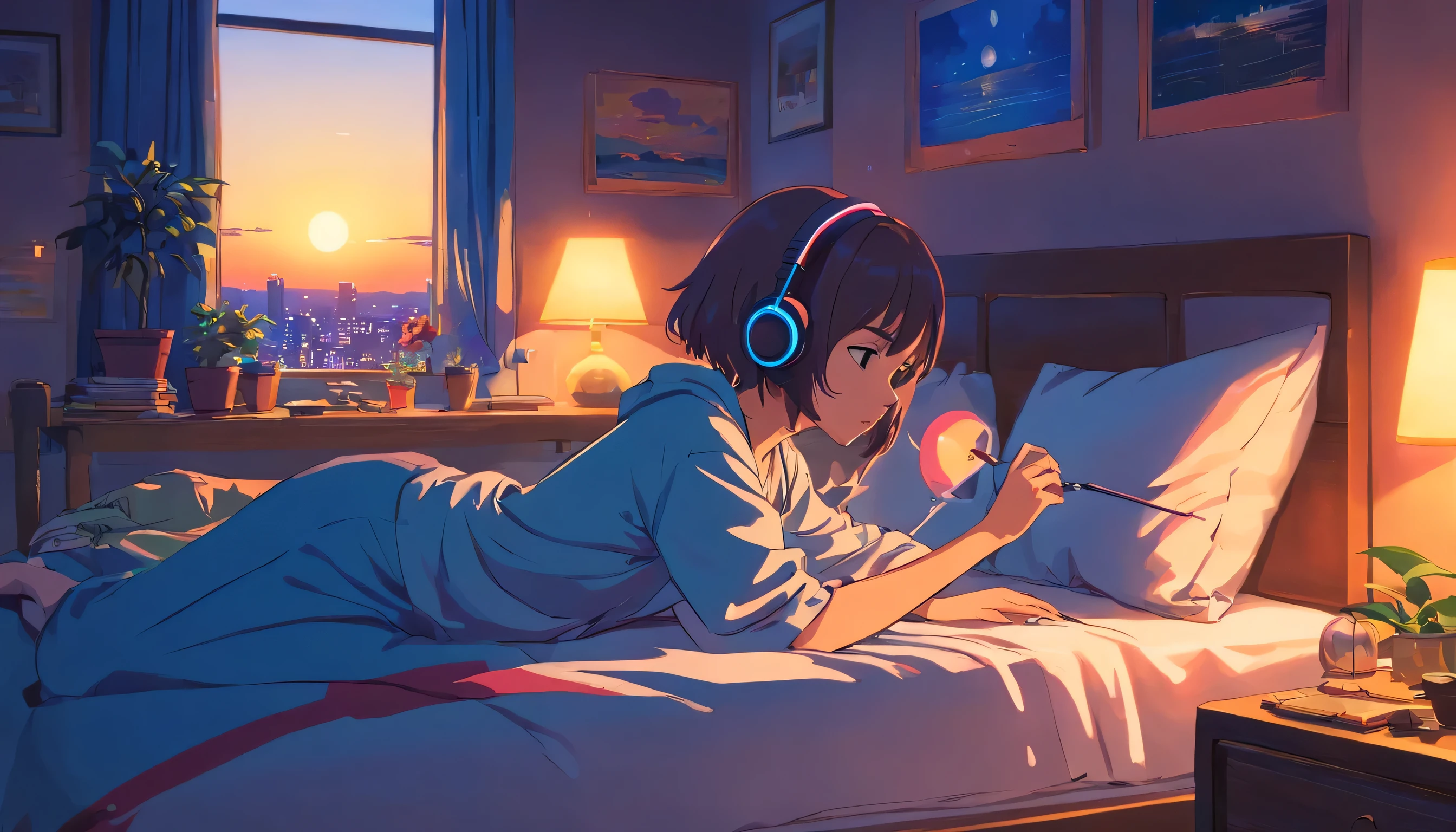 European hippie girl lying on bed in her room and listening to music on headphones, dream, please wear headphones, night light, analog color theme, lo-fi hip hop , retrospective, flat, 2.5D ,Draw a line, ink painting, Osaka road, watercolor painting, gouache color, studio ghibli style, very colorful, outerton, Krautlock, Lofiato,old texture, amplitude,Psychedelic atmosphere, masterpiece, Technology of Wonders,on the bed，Darken the room，beautiful sunset outside the window