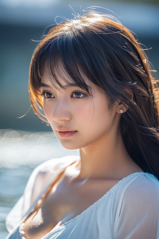 ((highest quality, 8K, masterpiece: 1.3)), woman (full body portrait, front, doll wear, wet clothes, cleavage), seabird, Catch Pose, short dress, overhead camera, sharp focus: 1.2, cute woman: 1.4, (((hairstyle random)), wet hair, highly detailed face、skin、hair texture, detailed eye, double eyelid, 白いskin, beautiful and delicate nose, かわいい若い日本のwoman, 28 years old, at a dynamic angle, eyeに心地よく、Thought-provoking composition, Emphasize the subject&#39;s hair, eye, words and actions, While creating a melancholy feeling characterized by calm tones and contrast between light and shadow.,