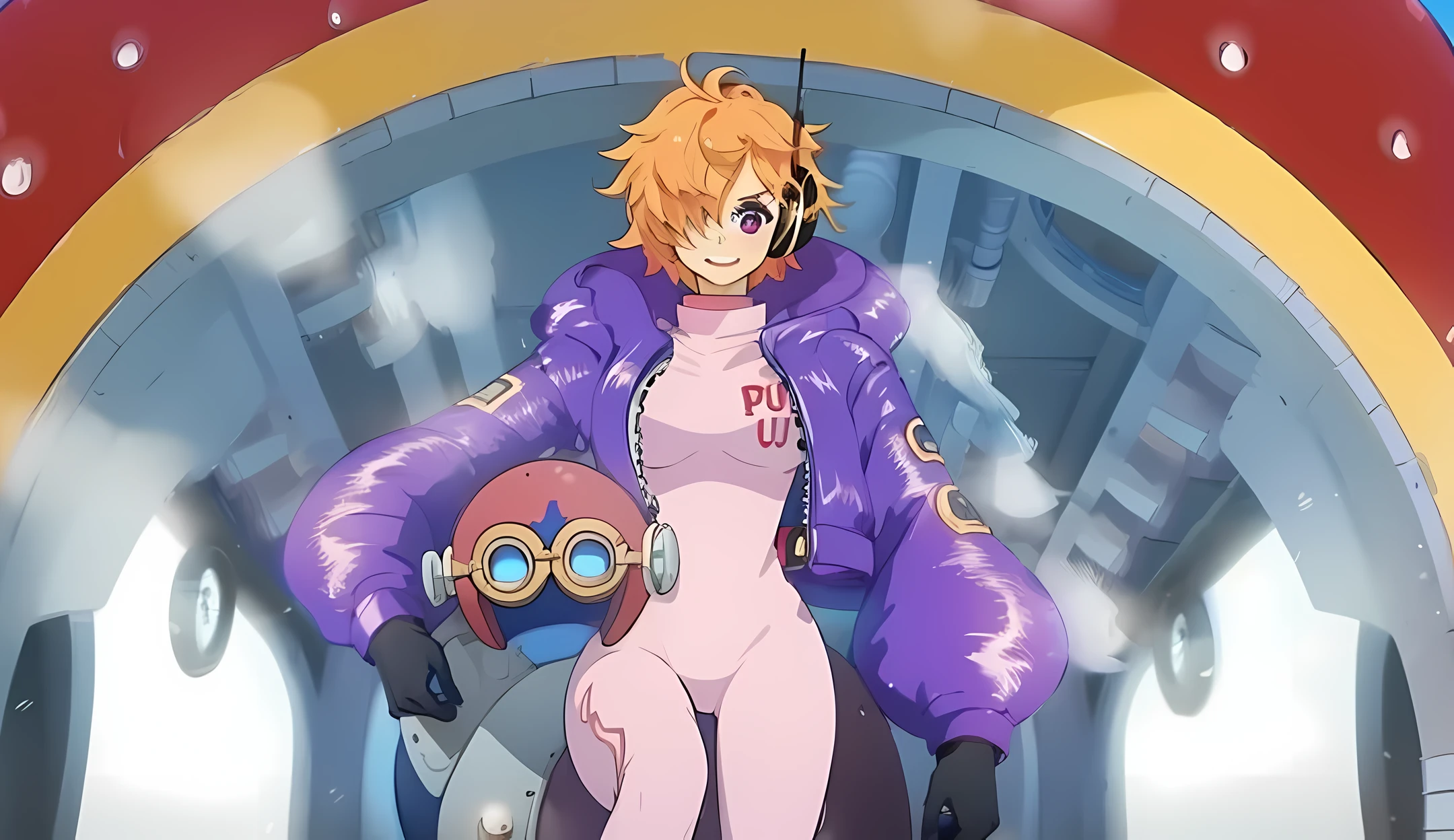 masterpiece, ((ultra detailed background, delicate pattern, intricate detail)), (highly detailed, fine details), best quality, beautiful lighting, ((medium breasts, slim girl)), 1girl, Lilith, (bangs covering one eye), ((light orange hair)), headphones, purple eyes, dark-blue jacket, ((pink bodysuit, full-body suit)), complex detailed background, inside, castle room environment, medieval castle