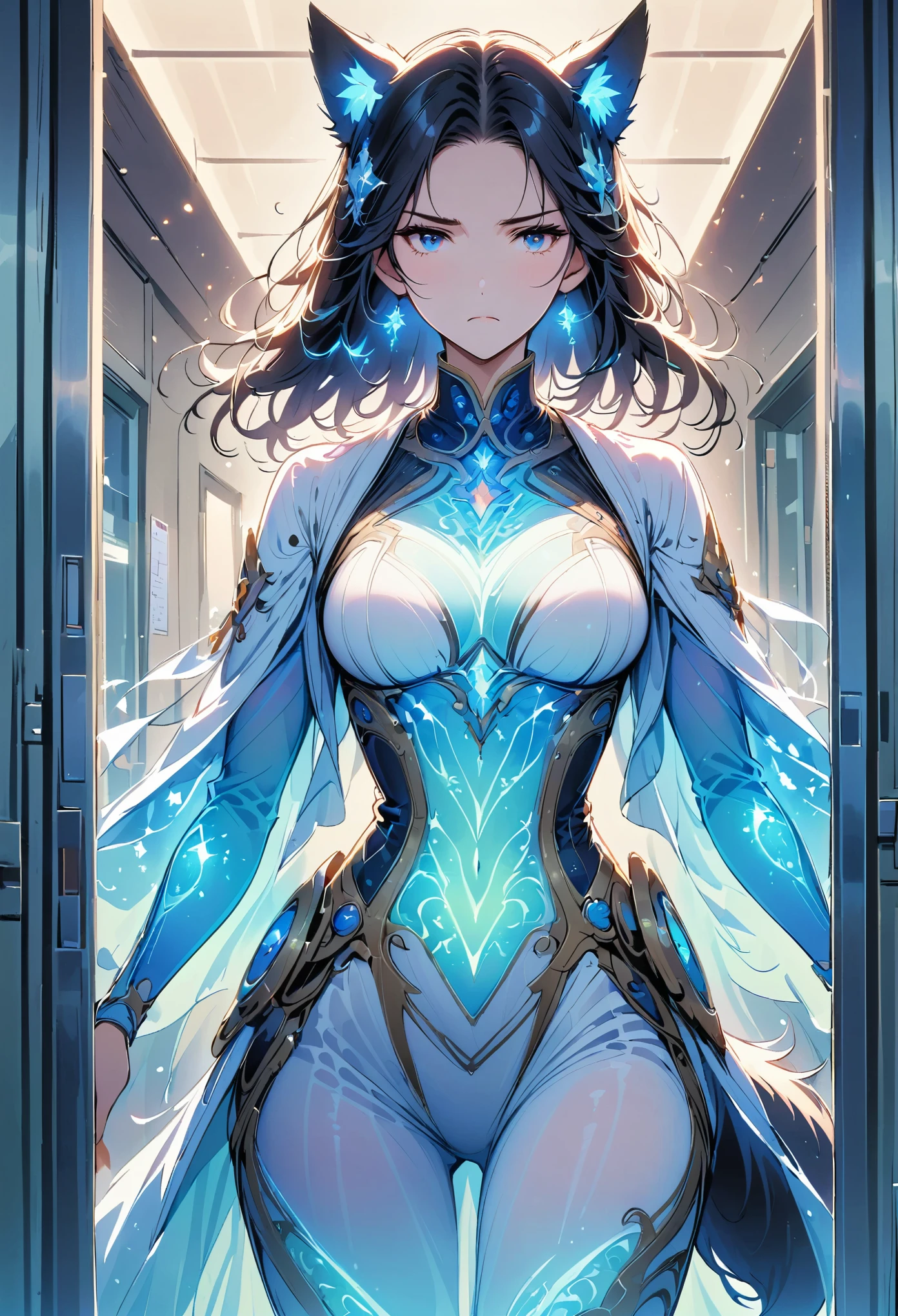 individual, white body, muscle, standing in front of the glass door, lower your head, take notes, Serious expression, frown (doctor clothing,, White mask, notebook, blue pen, white boots, black pattern: 1.2), wolf tail, wolf ears, ((bust)), (indoor: 1.35), incandescent indoor lighting, hospital corridor, shadow (particle, soft light, white glow): 1.3, white coat, anatomically correct, simple background, cartoon, Warm colors, soft lines