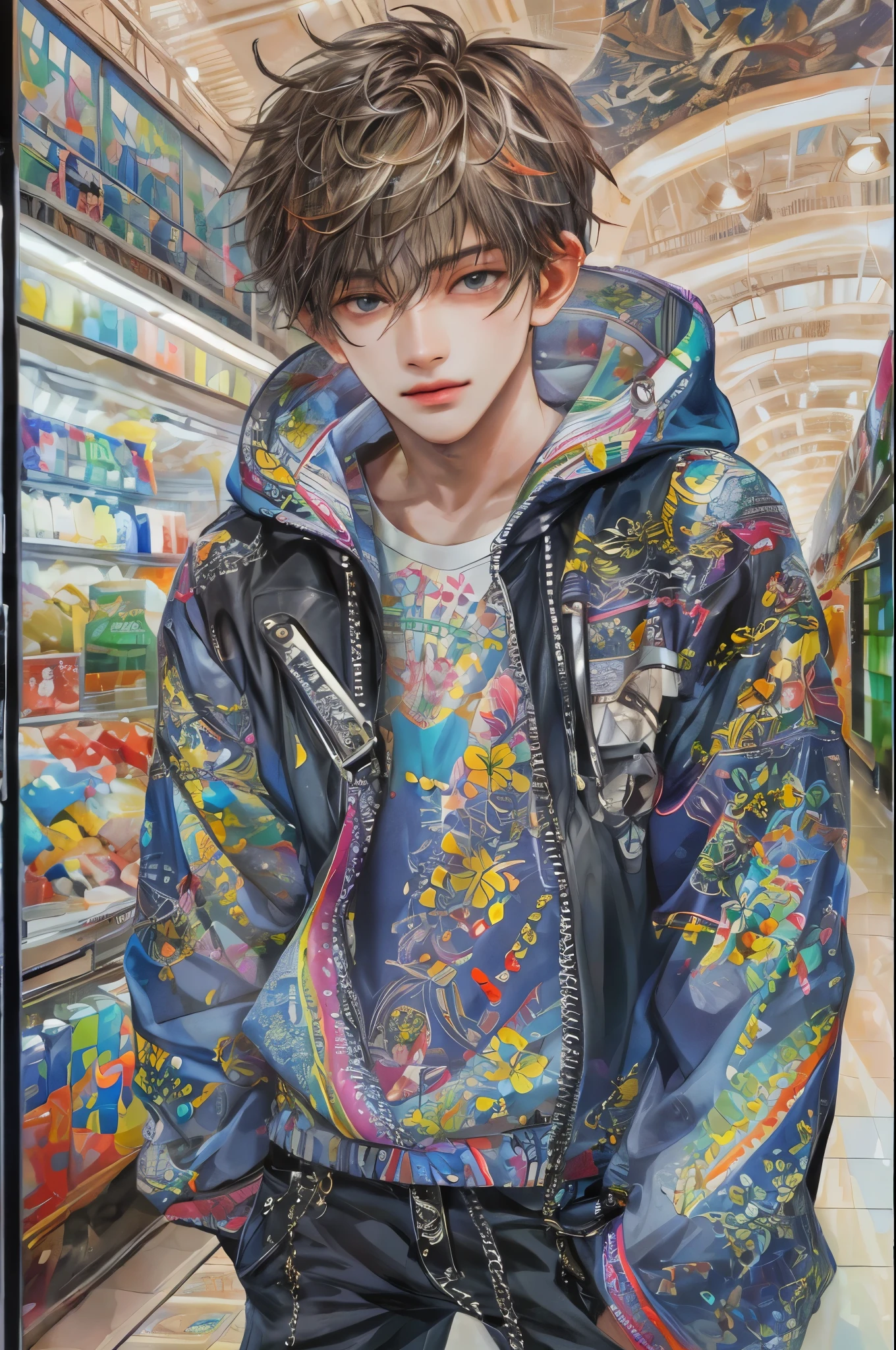 (masterpiece, top quality, best quality, official art, beautiful and aesthetic:1.2), boy, handsome, extreme detailed faces, a boy in sporty clothes, colorful, highest quality detailed, (perfect face), shiny skin, HDR, detailed surroundings, inside a shopping mall