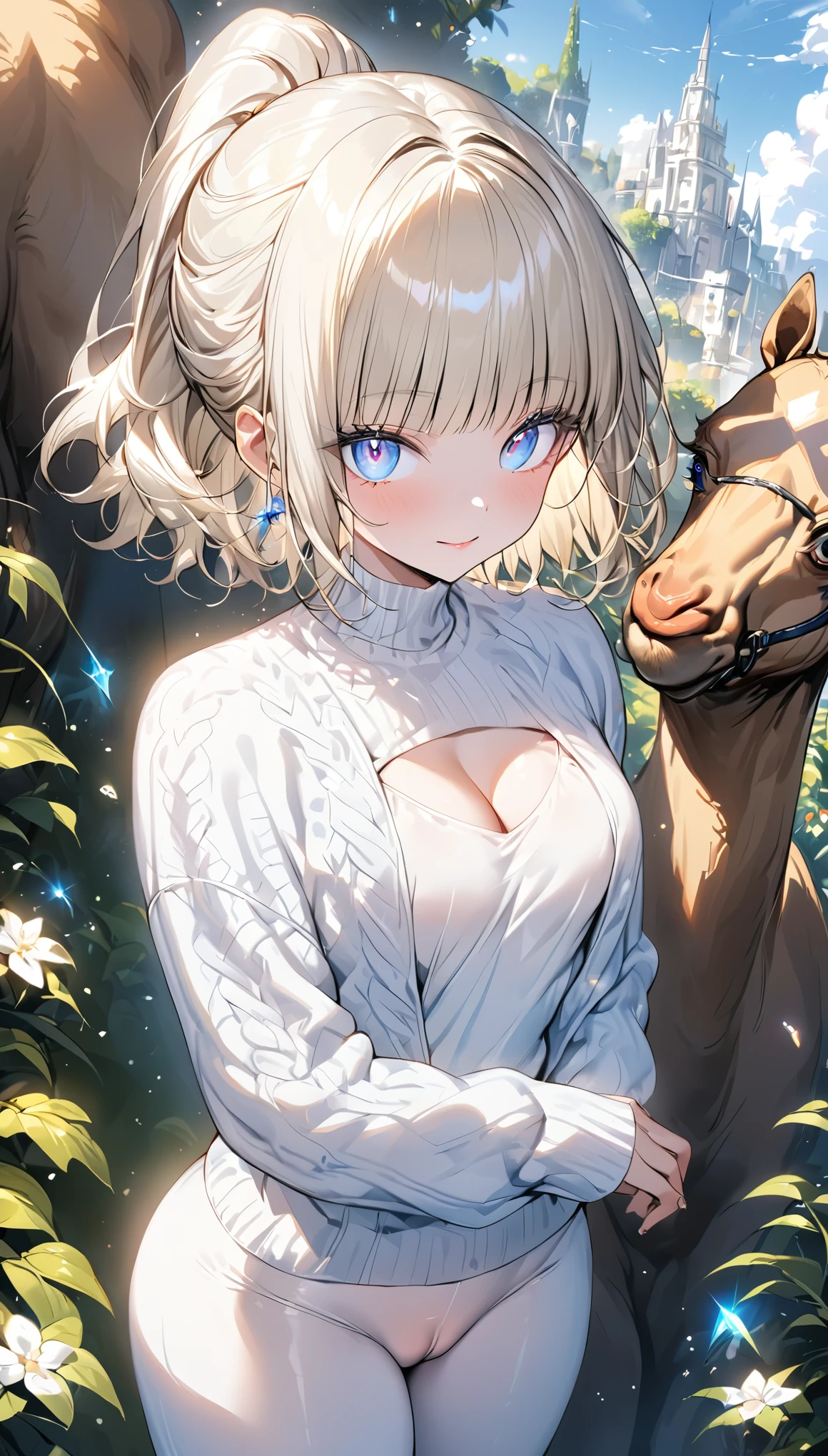 ayaka, (masterpiece:1.2), (highest quality:1.2),, Curvy but slender body, perfect eyes, perfect face, perfect lighting, 1 girl, in the garden, (The whole body is visible),(walking),(knitted sweater),(cute gesture),(smile),(ponytail),curly hair, Fine clothes, Detailed outdoor background, compensate, eye shadow, thick eyelashes, fantasy, looking at the viewer, whole body, blue sky、Bright and very beautiful face、young shiny glossy white shiny skin、the best beauty、The most beautiful bright blonde hair in the world、thin hair、short hair、Shining beautiful bangs、Glowing crystal clear big blue eyes、Very beautiful lovely 17 year old most beautiful girl in the world, no bra, close up until hips, cleavage, no bra, camel toe