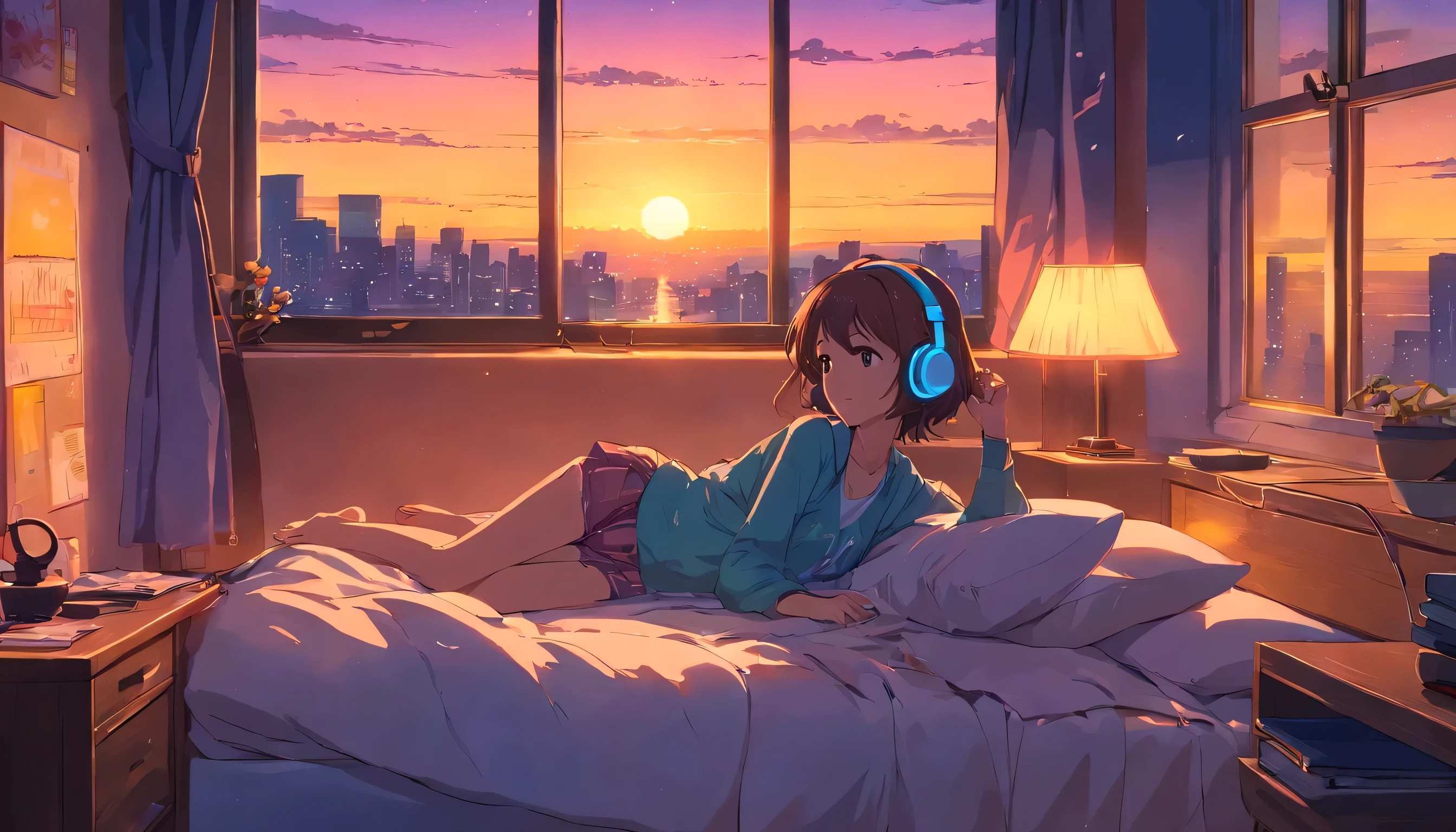 European hippie girl lying on bed in her room and listening to music on headphones, dream, please wear headphones, night light, analog color theme, lo-fi hip hop , retrospective, flat, 2.5D ,Draw a line, ink painting, Osaka road, watercolor painting, gouache color, studio ghibli style, very colorful, outerton, Krautlock, Lofiato,old texture, amplitude,Psychedelic atmosphere, masterpiece, Technology of Wonders,on the bed,Darken the room,beautiful sunset outside the window