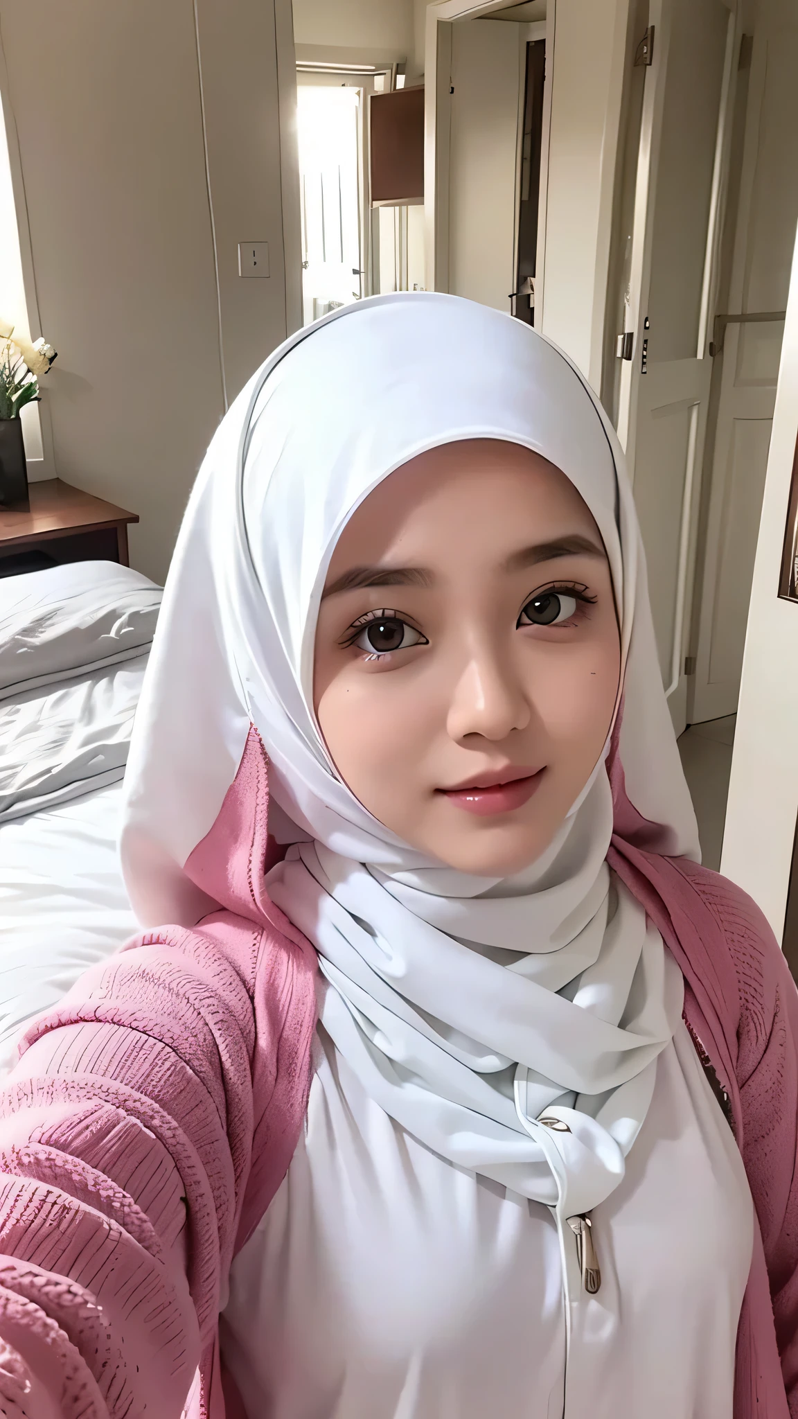 Beautuful Women、hijab, indonesian, a room、selfee、White Room、The face is cute、Vanrak Ayyans appears、1 girl