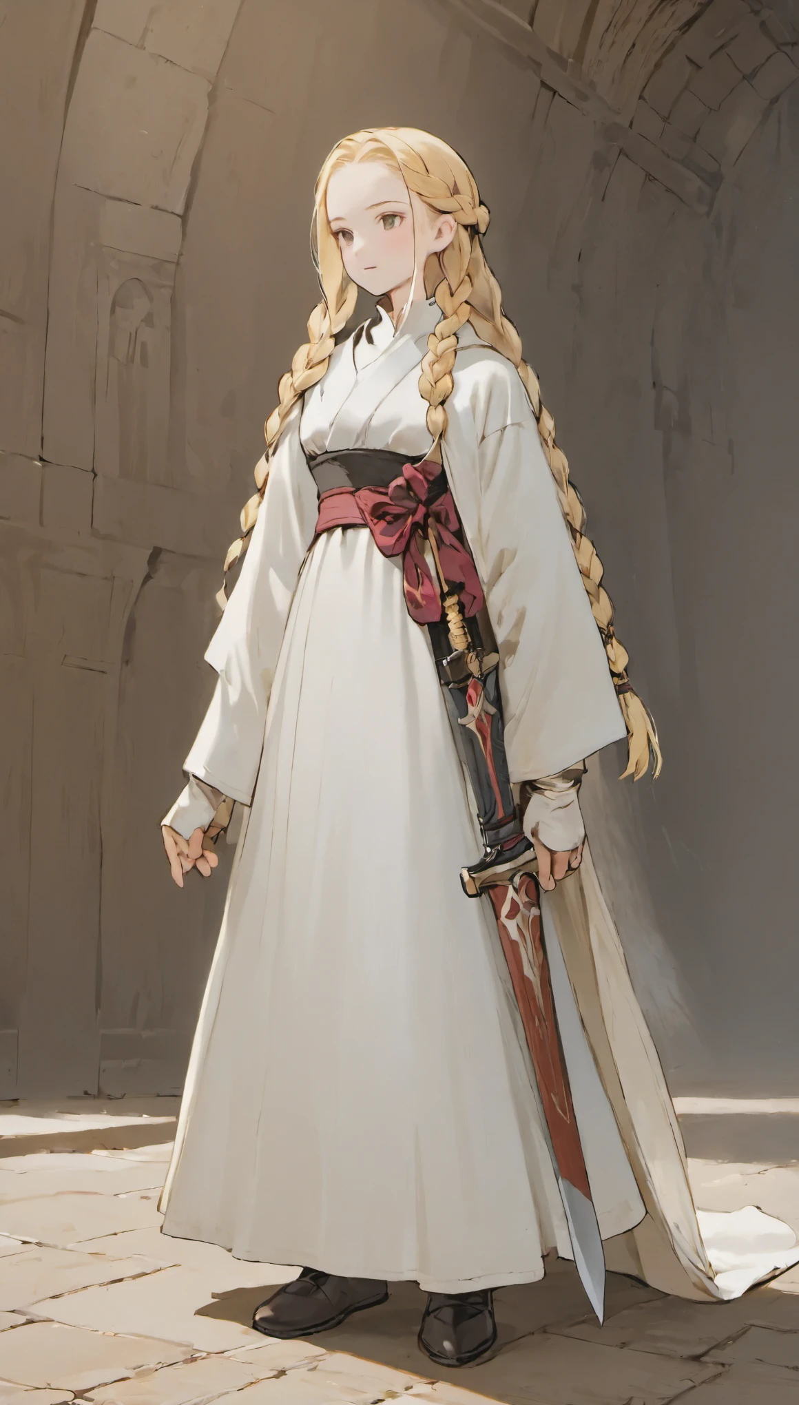 one woman、Also々new look、7head and body、medieval monk、pure white battle uniform、blonde、french braid、Obi sword at waist:1.2、An ennui look、white cloak、(masterpiece, highest quality, highest quality, official art, beautiful and aesthetic:1.2)