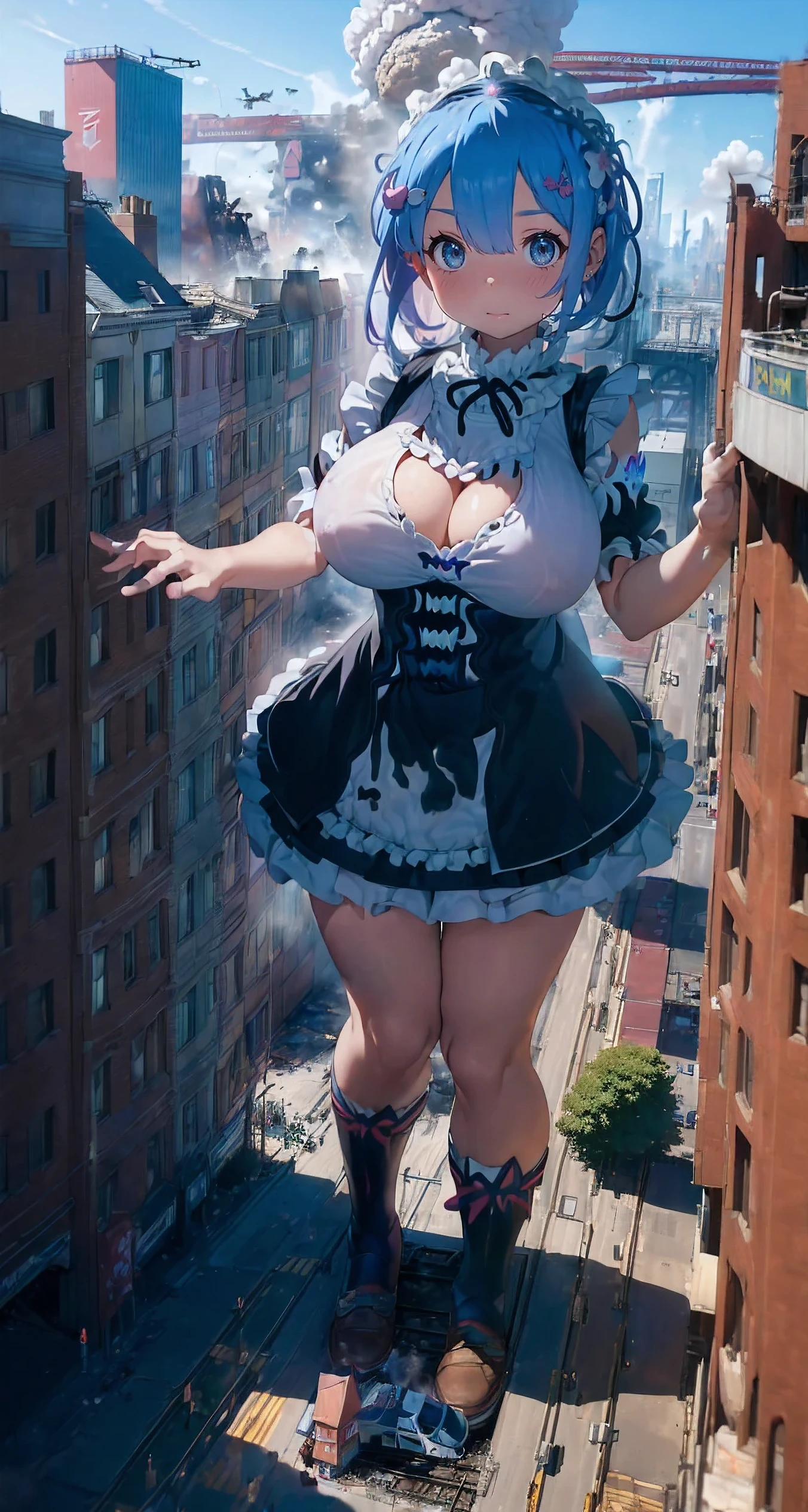 (((((Rem from Re:Zero)))))、knee high socks、tower crane、many street trees、cyber punk、skyscraper、megalopolis、Magical girl、magic circle、call、embarrassed face、blue eyes、lift up the skirt、pedestrian bridge、pure white pants、show panties、(((((Super super super traffic jam、So many cars、bus))))),city station、((((Freight train running on the tracks))))、truck、Urban hustle and bustle、Bustling city streets、((long legs))、(((dark hero))),((((maid gothic ruffles))))、A girl bigger than a building、background blur、Gulliver&#39;s Travels、alice in wonderland、city of rubble、(((((super huge breasts)))))、、、big breasts、big breasts、big breasts、((((plump thighs))))、plump thighs、building fire、Giant girl sitting on the roof of a skyscraper、cigarette、((((Building explosion))))、(((((reach out your hand)))))、Ruins at the end of the century、((((Open your legs and show panties)))),進撃の巨人のA giant girl who moves the earth、(((Giant of Light))),A giant girl who moves the earth、足元のcity of rubble、A building with rubble underfoot、flying debris、((((loafers))))、low angle camera、high school girl、((((fighting pose))))、((((A big explosion at my feet))))、8ｋ、High image quality High image quality、nipple、sheer shirt、((((Destroy a broken dwarf building with your legs)))),(((A crowd of dwarfs running away)))、