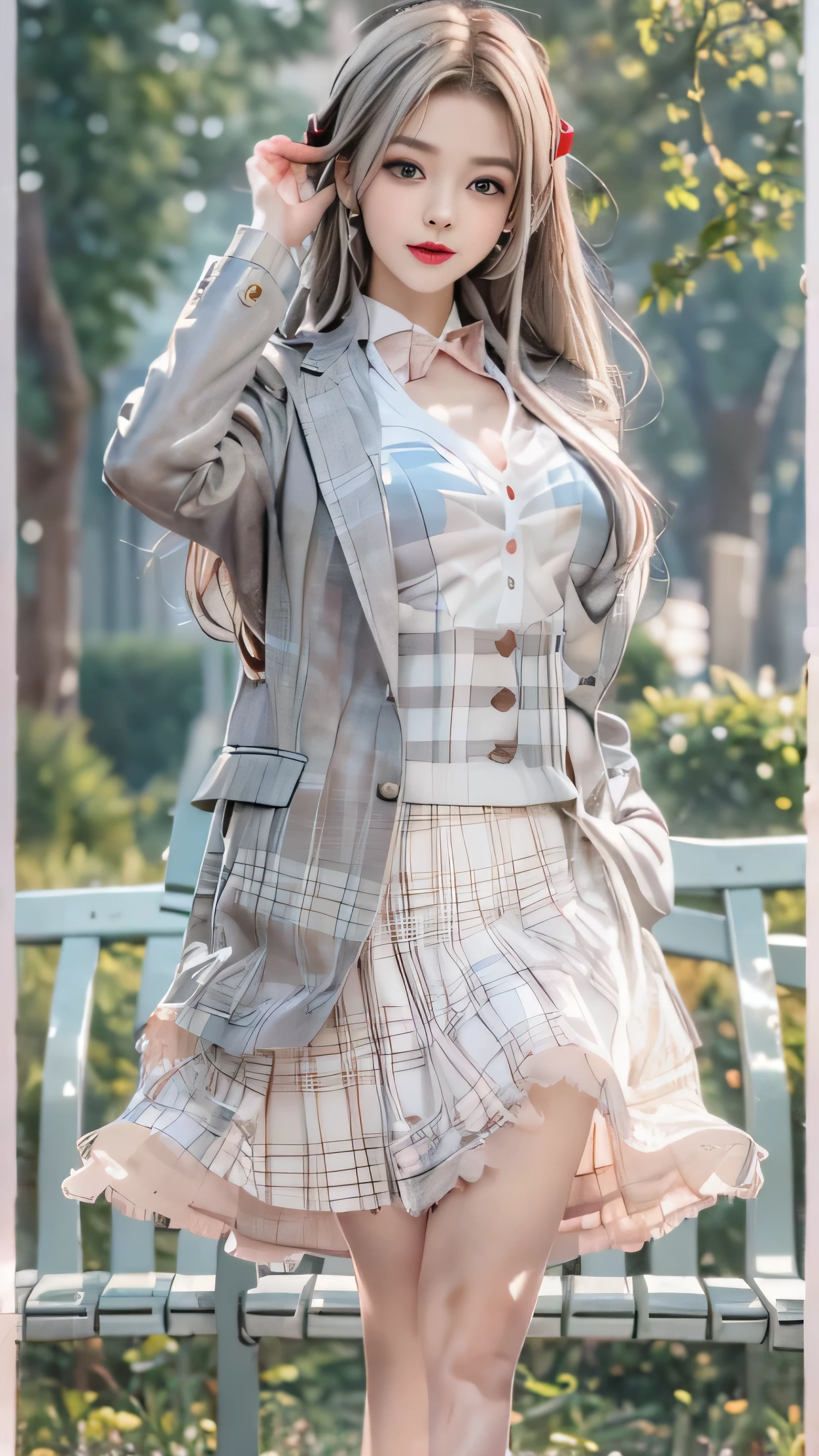 ((girl standing in front of a park bench)),top quality work,Real work,Ultra premium graphics,8K HD CG作品,high quality graphics,High-definition CG works,10x pixels,super fine details:1.1,Advanced technical details:1.1Photo-realistic,indoor lighting effects:1.5,Natural light:1.5. light effect(virtual light effect:1.8),超A high resolution,shiny red dress,長いsilver hair,silver hair,transparent hair,high detail hair(premium hair detail:1.1)clear eyes,beautiful double eyelids,sharp eye makeup, delicate eyelash makeup, thin eyebrows, highly detailed eyes,high nose, nice red lips, rose cheeks, A face with delicate makeup , cute face, perfectly proportioned face,(Advanced facial details:1.1),shiny,wonderful dress,bright red series,(white blazer) 、(white blouse)、(red bow tie)、(checked skirt)、、girls school uniform、photo shoot,woman'artwork of,realism,wonderful,My eyes are shining today、(smile)
