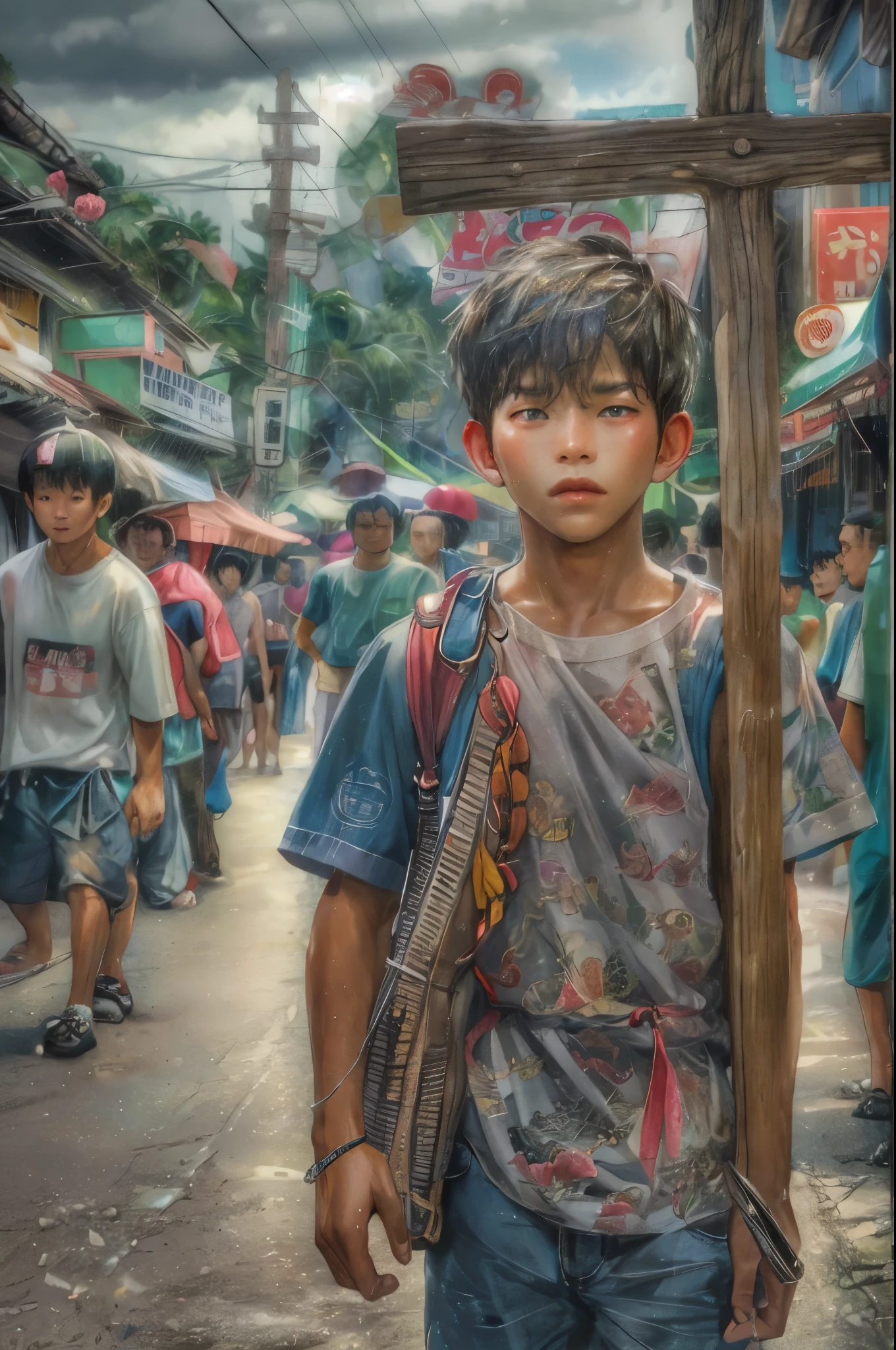 (masterpiece, top quality, best quality, official art, beautiful and aesthetic:1.2), boy, handsome, extreme detailed faces, boy carrying large cross during lenten season in the Philippines, colorful, highest detailed, (perfect face), shiny skin, HDR, detailed surroundings, on the street of the Philippines 