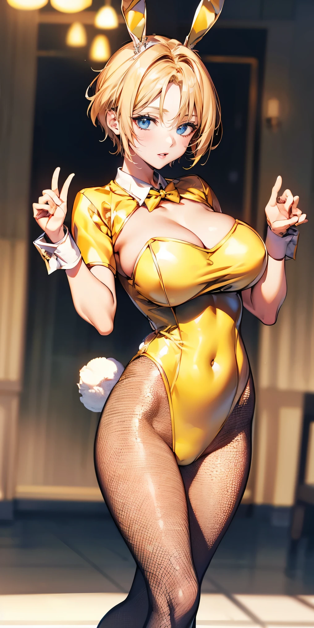 （（highest quality，8K，T Masterpiece：1.3））， sharp focus：1.2，cute woman with perfect figure：1.4，（（（（（huge cleavage））），（ridiculously big breasts：1.5），straight hair、hair blowing in the wind（huge hips），smile，thin abs：1.2，（（beautiful golden hair，：1.4）），Highly deしっぽed face and skin texture，tail eyes，double eyelid、/ (Wear a white top over a black playboy_bunny leotard:1.3), (Clothes divided into upper and lower parts:1.2), (short sleeve:1.1), ((yellow bunny girl costume:1.8)), (black fishnet stockings:1.2), high heels, ((rabbit tail:1.2, rabbit ears)), (short hair:1.3)
