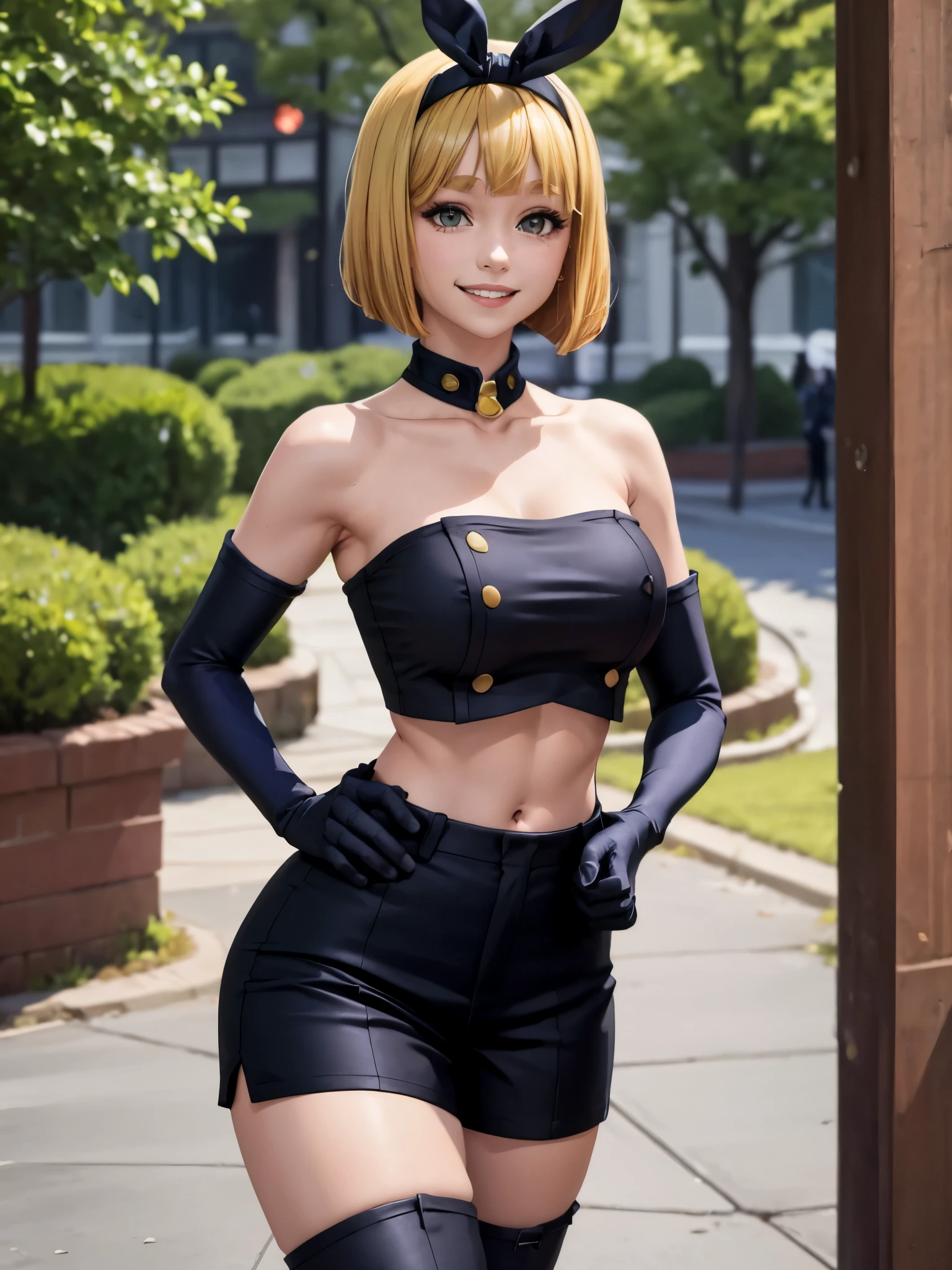 masterpiece, best quality, nonsense, 1girl, solo, ShushuSuruga, bob cut, black hairband, midriff, neckline, elbow gloves, strapless, black shorts, knee high boots, outdoors, standing, smile, 