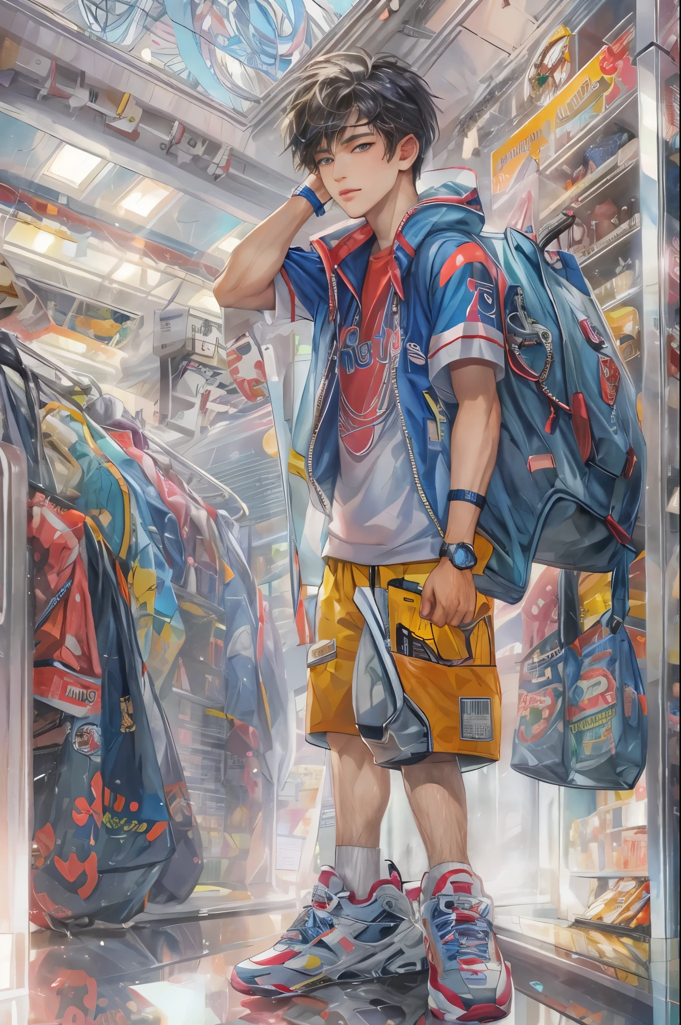 (masterpiece, top quality, best quality, official art, beautiful and aesthetic:1.2), boy, handsome, extreme detailed faces, a boy in sporty clothes, colorful, highest quality art, (perfect face), shiny skin, HDR, detailed surroundings, inside a shopping mall