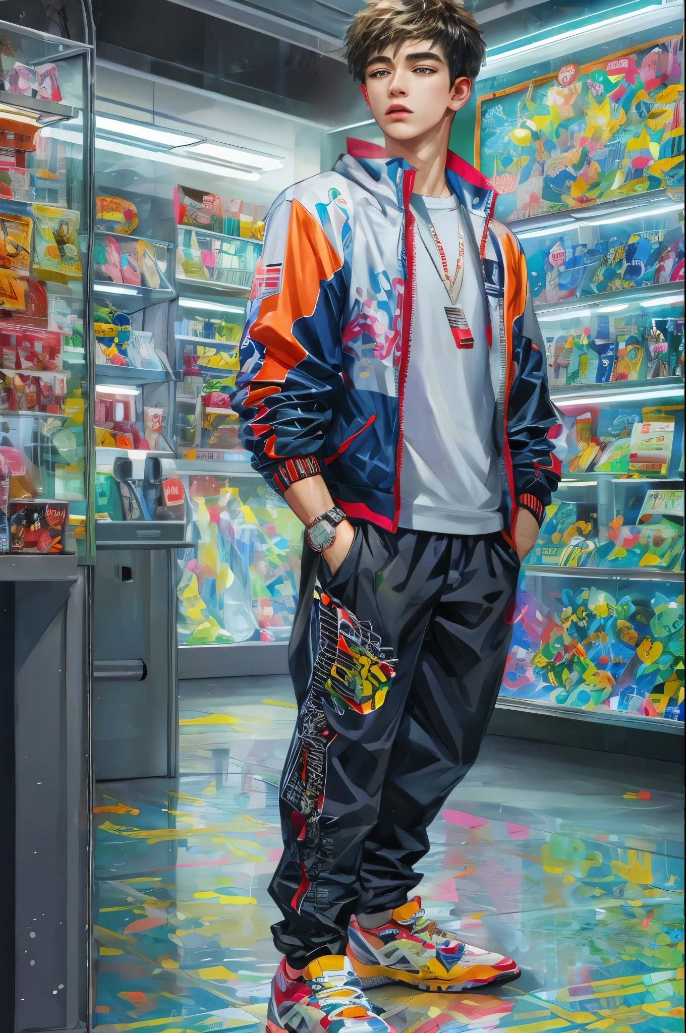 (masterpiece, top quality, best quality, official art, beautiful and aesthetic:1.2), boy, handsome, extreme detailed faces, a boy in sporty clothes, colorful, highest quality art, (perfect face), shiny skin, HDR, detailed surroundings, inside a shopping mall