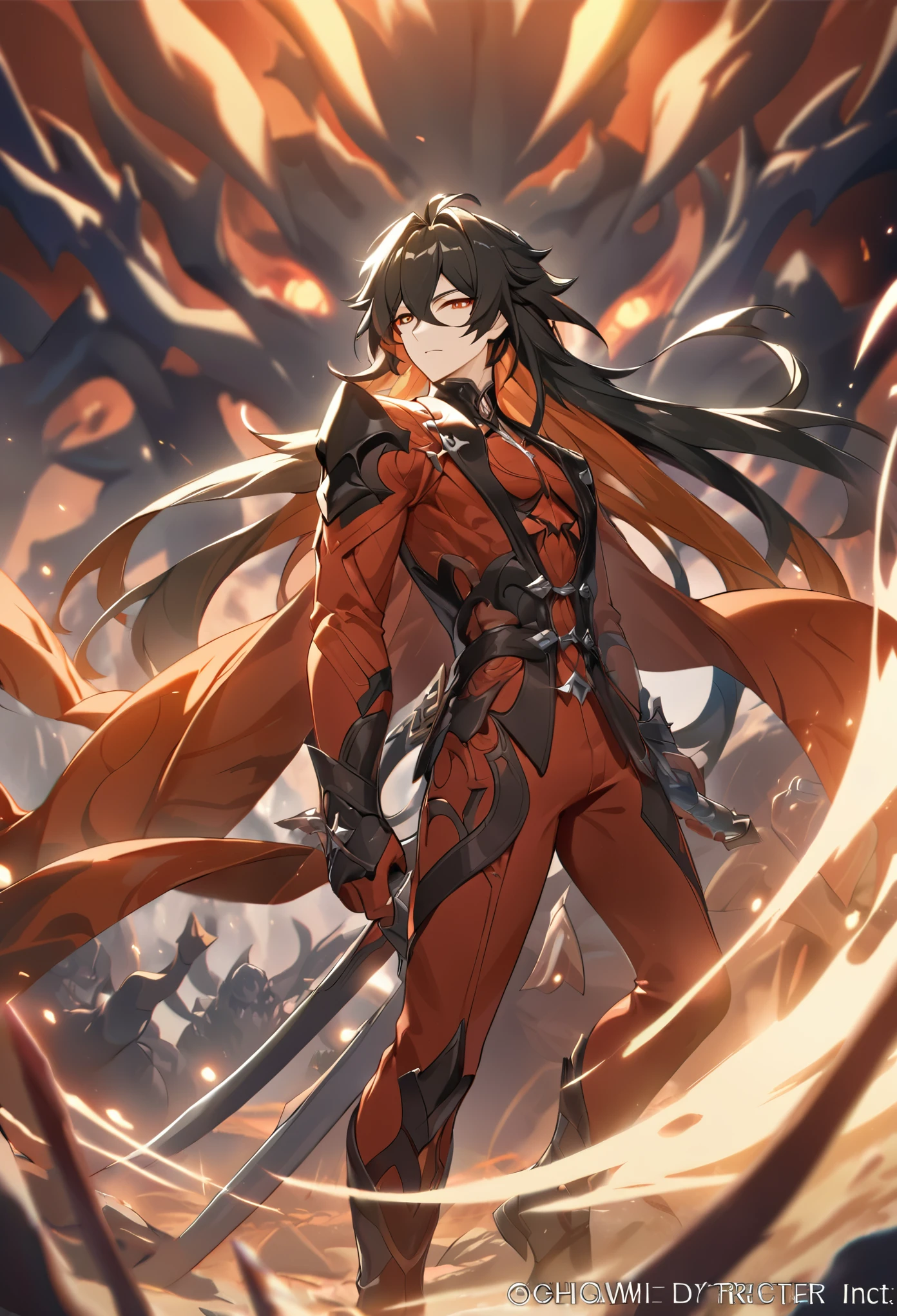 ((solo)), (man), dark orange eyes, black hair, very long hair, messy hair, dark orange colored inner hair, a close up of a person with a sword in a desolate land surrounded by demons and monsters, a burning battlefield, detailed key anime art, honkai star trail character, casimir art, masamune shiro, masamune, handsome guy in demon slayer art, genshin, heise jinyao, shadowverse style, (no logos), DOOM hell, black powers, red infernal scenery, detailed full body suit, black and red suit, eye reflection, depth of field, cinematic lighting, ray tracing, depth of field, cinematic lighting, ray tracing, UHD, high details, best quality, highres, high quality, award winning, super detail, masterpiece, 8k, UHD, high details, best quality, highres, high quality, award winning, super detail, masterpiece, 8k