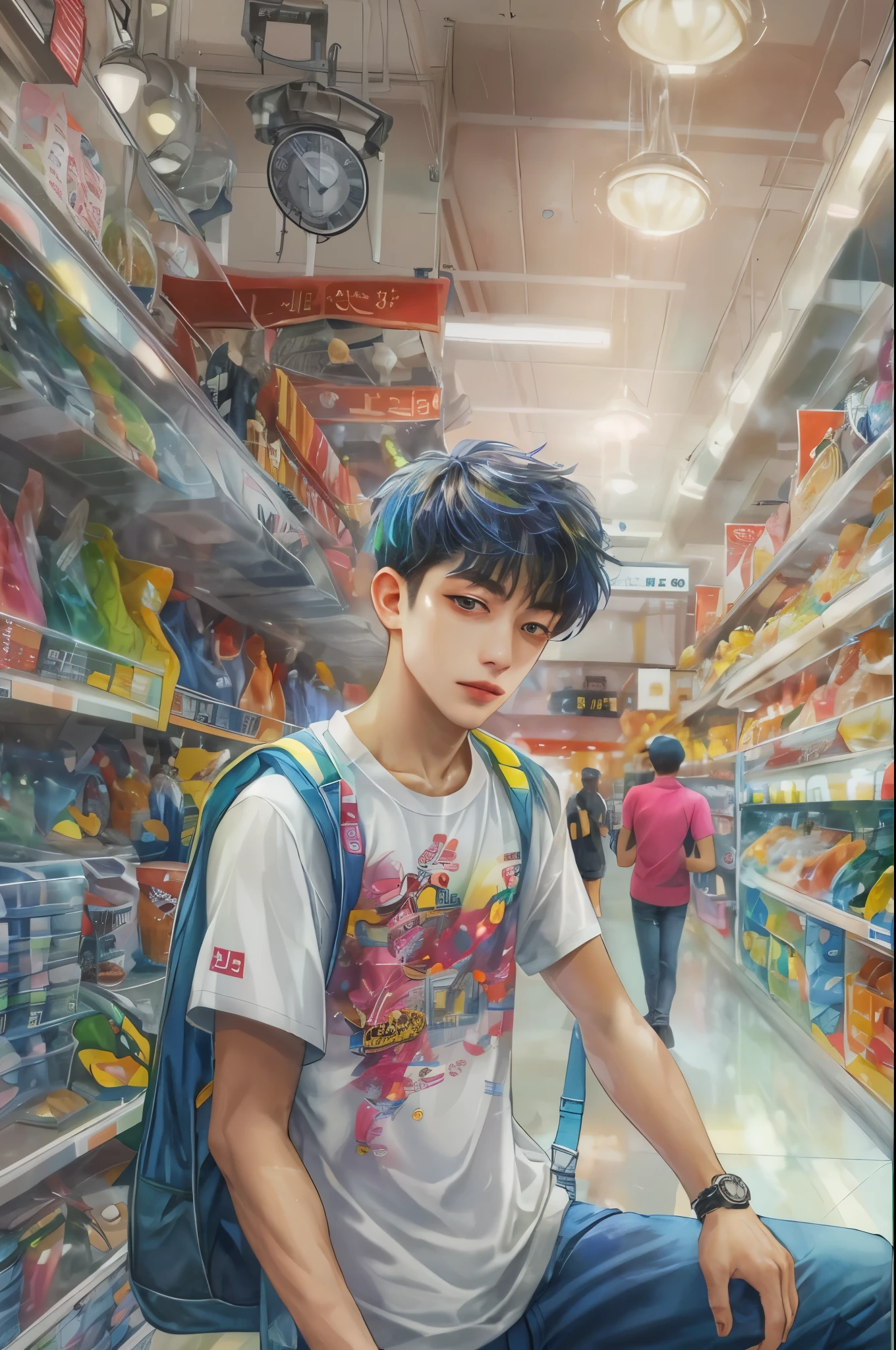 (masterpiece, top quality, best quality, official art, beautiful and aesthetic:1.2), boy, handsome, extreme detailed faces, a boy in sporty clothes, colorful, highest quality art, (perfect face), shiny skin, HDR, detailed surroundings, inside a shopping mall