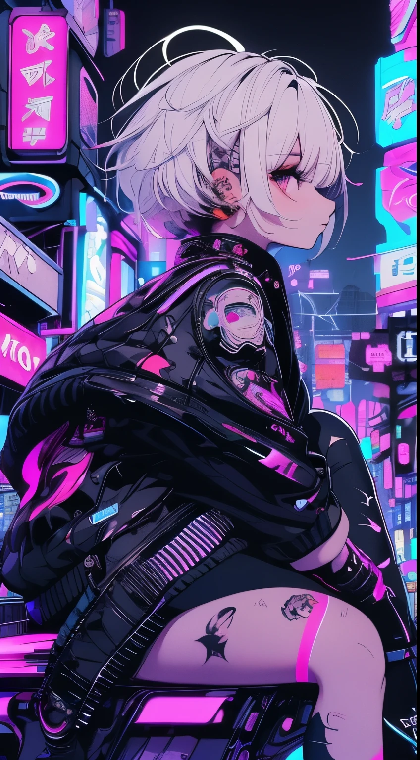 girl, White hair, Cool Black Open Short Jacket, The tattoo, Messy Fade Cut Hair, Crazy, sit pose, Futuristic neon night street background,