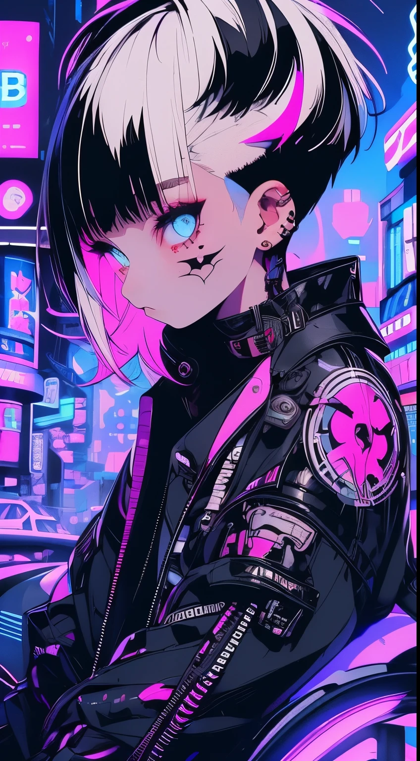 girl, White hair, Cool Black Open Short Jacket, The tattoo, Messy Fade Cut Hair, Crazy, sit pose, Futuristic neon night street background,