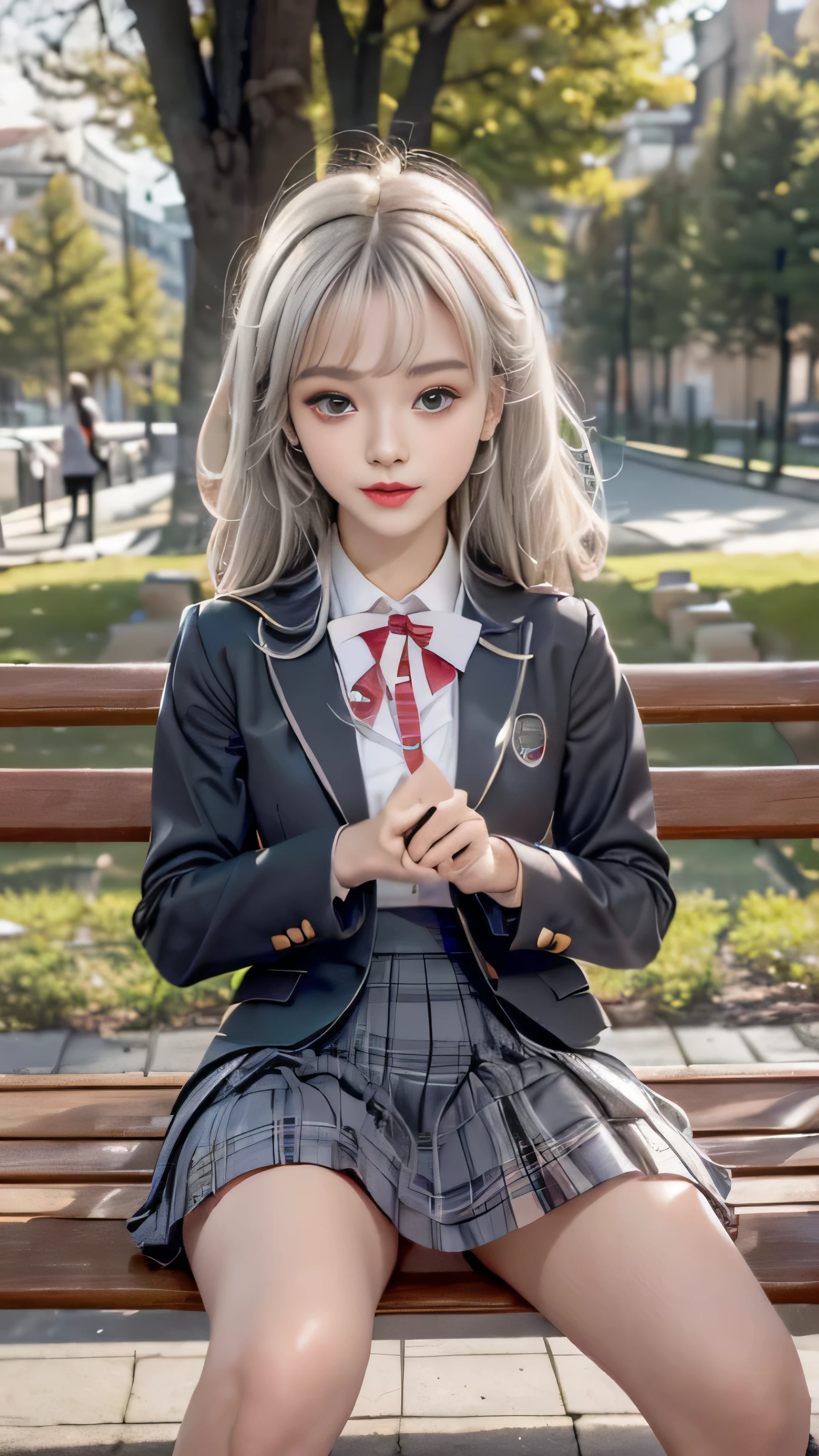 ((Girls standing in front of a park bench)),top quality work,Real work,Ultra premium graphics,8K HD CG作品,high quality graphics,High-definition CG works,10x pixels,super fine details:1.1,Advanced technical details:1.1Photo-realistic,indoor lighting effects:1.5,Natural light:1.5. light effect(virtual light effect:1.8),超A high resolution,shiny red dress,長いsilver hair,silver hair,transparent hair,high detail hair(premium hair detail:1.1)clear eyes,beautiful double eyelids,sharp eye makeup, delicate eyelash makeup, thin eyebrows, highly detailed eyes,high nose, nice red lips, rose cheeks, A face with delicate makeup , cute face, perfectly proportioned face,(Advanced facial details:1.1),shiny,wonderful dress,bright red series,(white blazer) 、(white blouse)、(red bow tie)、(checked skirt)、、girls school uniform、photo shoot,woman'artwork of,realism,wonderful,My eyes are shining today、(smile)、(play with friends),