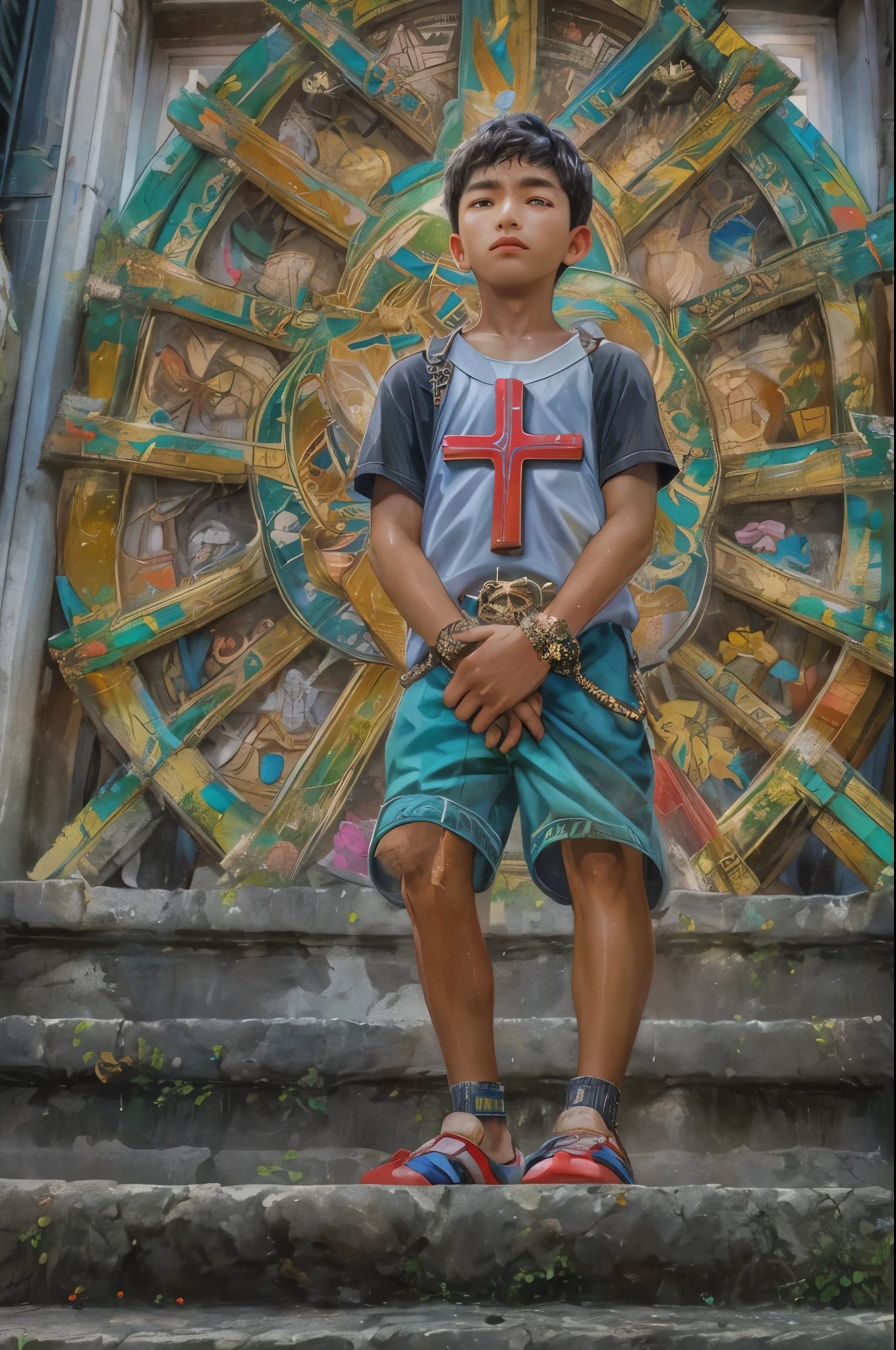 (masterpiece, top quality, best quality, official art, beautiful and aesthetic:1.2), boy, handsome, extreme detailed faces, boy carrying large cross during lenten season in the Philippines, colorful, highest detailed, (perfect face), shiny skin, HDR, detailed surroundings, on the street entrance of the church of the Philippines 