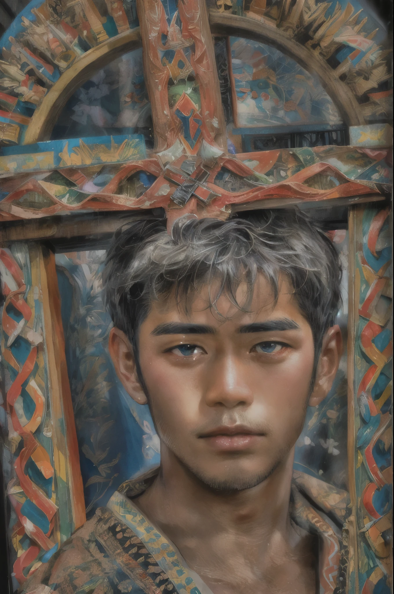 (masterpiece, top quality, best quality, official art, beautiful and aesthetic:1.2), boy, handsome, extreme detailed faces, boy carrying large cross during lenten season in the Philippines, colorful, highest detailed, (perfect face), shiny skin, HDR, detailed surroundings, on the street entrance of the church of the Philippines 